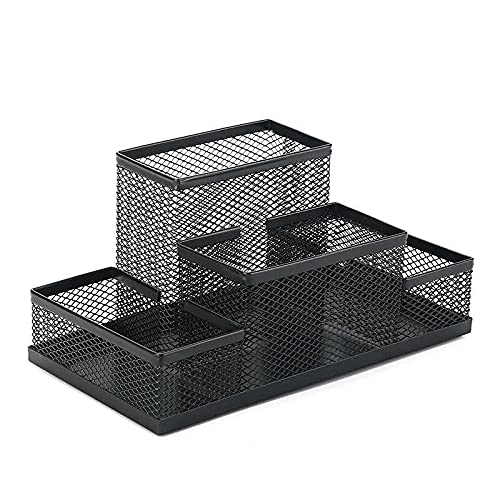 Black Mesh Metal Office Storage Box - 4-Compartment Desk Organizer for Pens, Pencils & Supplies (8.2x4.1x3.8 Inch) - Perfect for Home Office, School & Workspace Organization