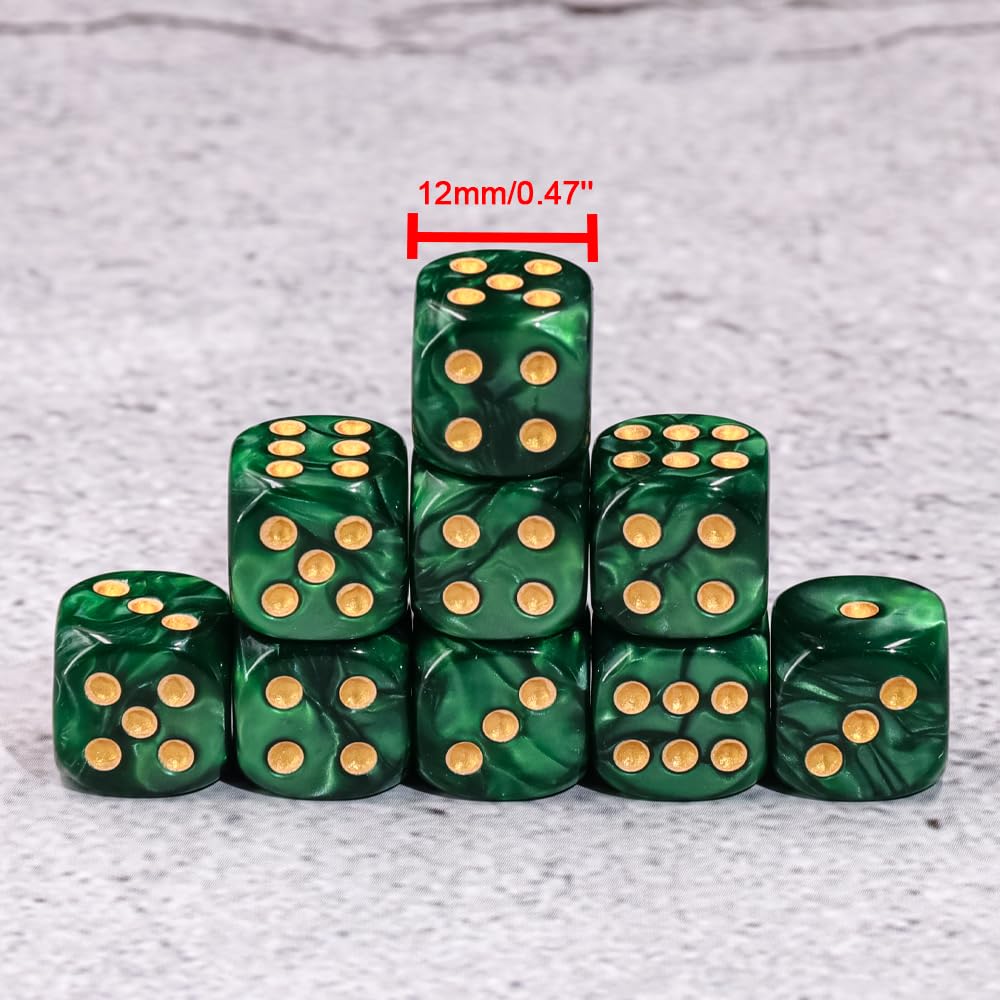 36-Pack 12mm Six-Sided Mini Dice Set - Pearl Pattern Game Dice for Yahtzee, Bunco, Math Teaching & Board Games | Includes Portable Plastic Storage Box (Green Pearl) | Perfect for Family Game Nights, Classroom Activities & Casino-Themed Parties