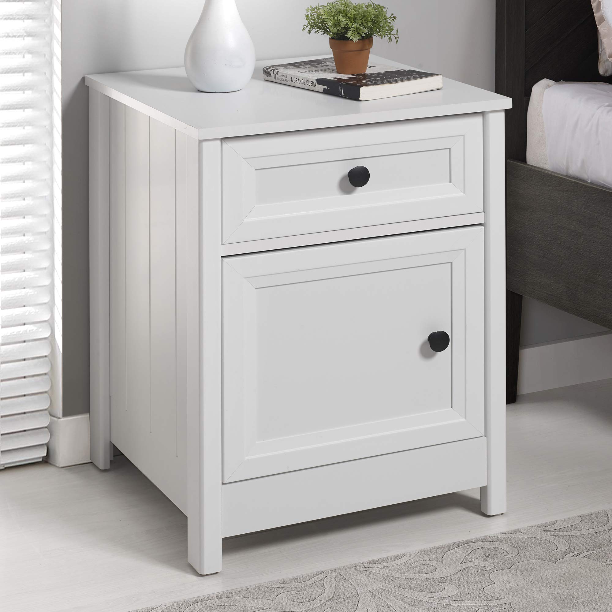 Walker Edison White Wood Nightstand with Drawer and Shelf - Modern Bedside Table for Bedroom, Living Room, or Office - Compact Storage End Table with 1 Drawer for Books, Lamps, and Essentials