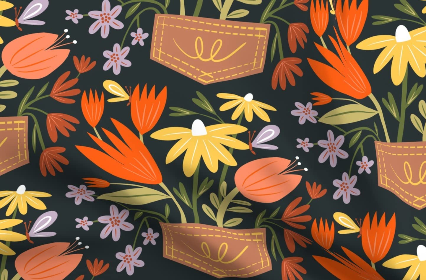 Pockets Flowers Gardening Springtime Blooms Printed on Denim Fabric by The Yard - Premium Spoonflower Fabric for Apparel, Home Decor & Upholstery | Perfect for DIY Sewing, Quilting, and Spring Fashion Projects