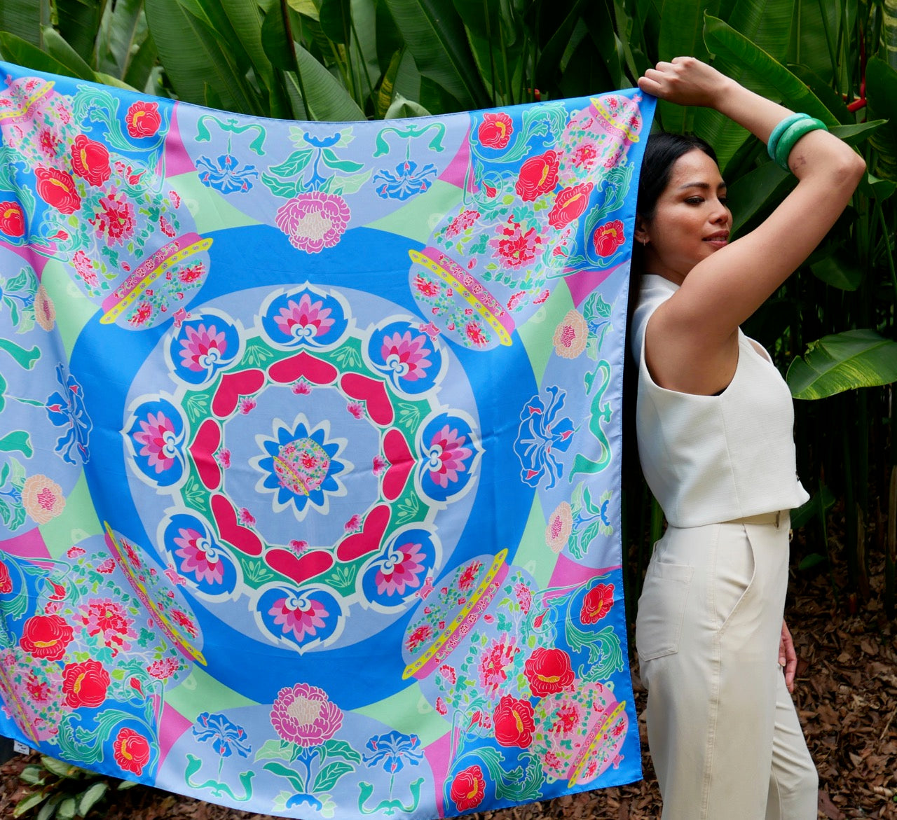 Luxury Peranakan Bricolage Silk Scarf - Premium Handmade Batik Shawl for Women, Elegant Fashion Accessory for Parties, Weddings & Special Occasions