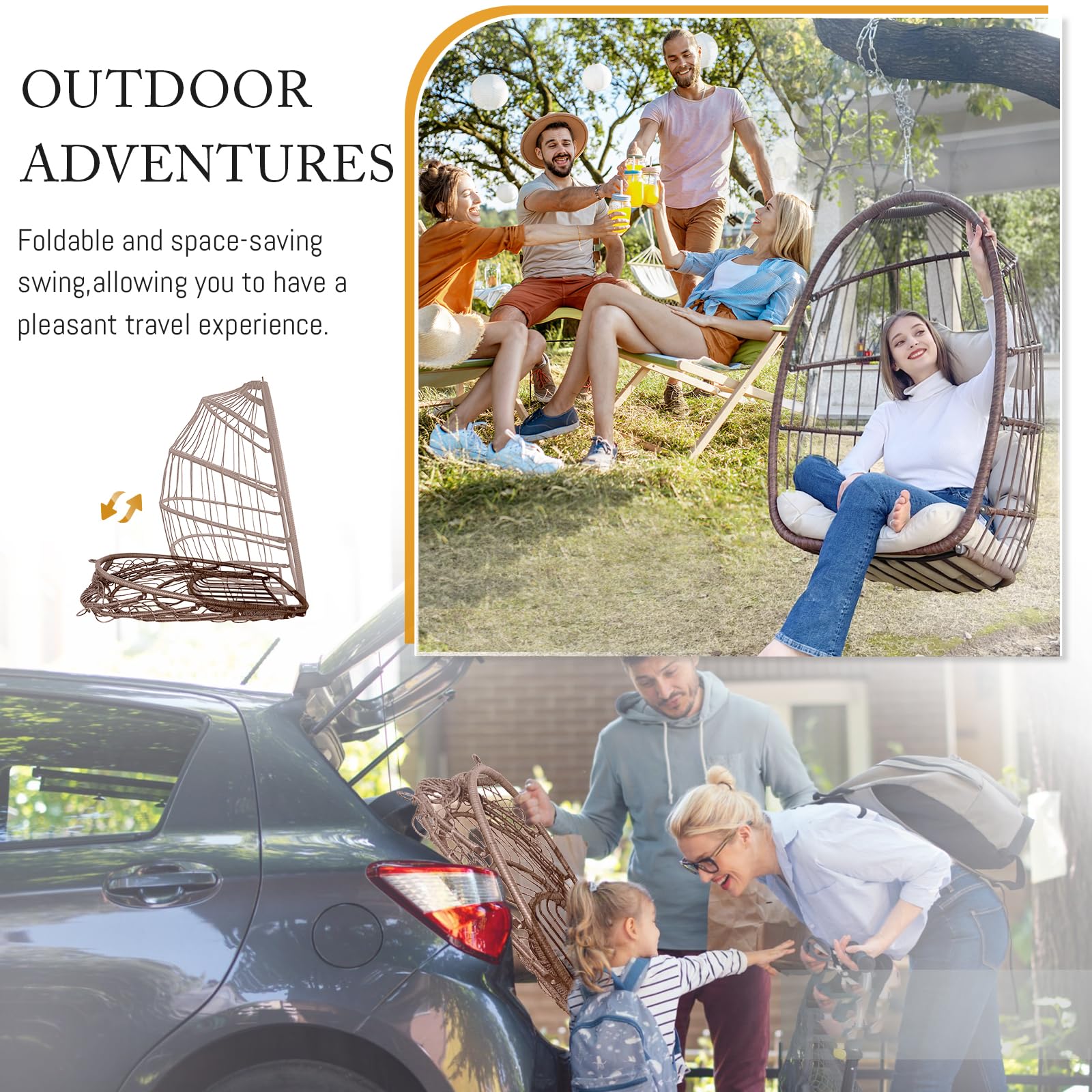 BULEXYARD 300lbs Capacity Hanging Egg Chair Without Stand - Brown Wicker Swing Chair with Beige Cushion for Indoor & Outdoor Use - Foldable Hammock for Patio, Porch, Balcony, Garden or Backyard - Perfect for Relaxing, Reading & Lounging