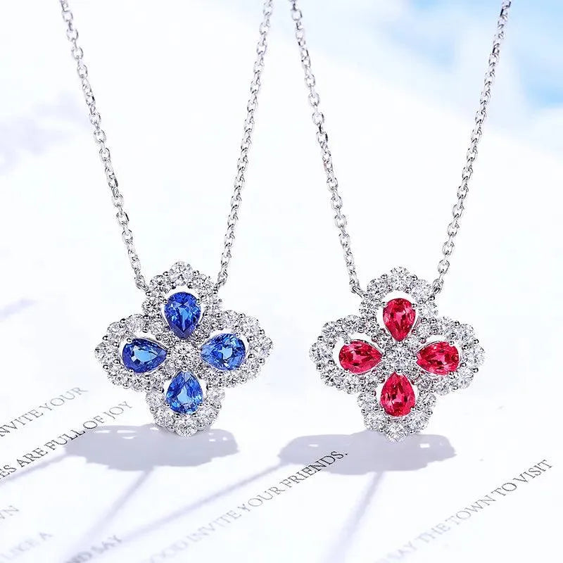 14K White Gold Natural Ruby & Sapphire Four Leaf Clover Diamond Pendant Necklace - Elegant Jewelry Gift for Wedding, Anniversary & Special Occasions | Perfect for Romantic Gifts, Bridal Jewelry & Everyday Luxury Wear