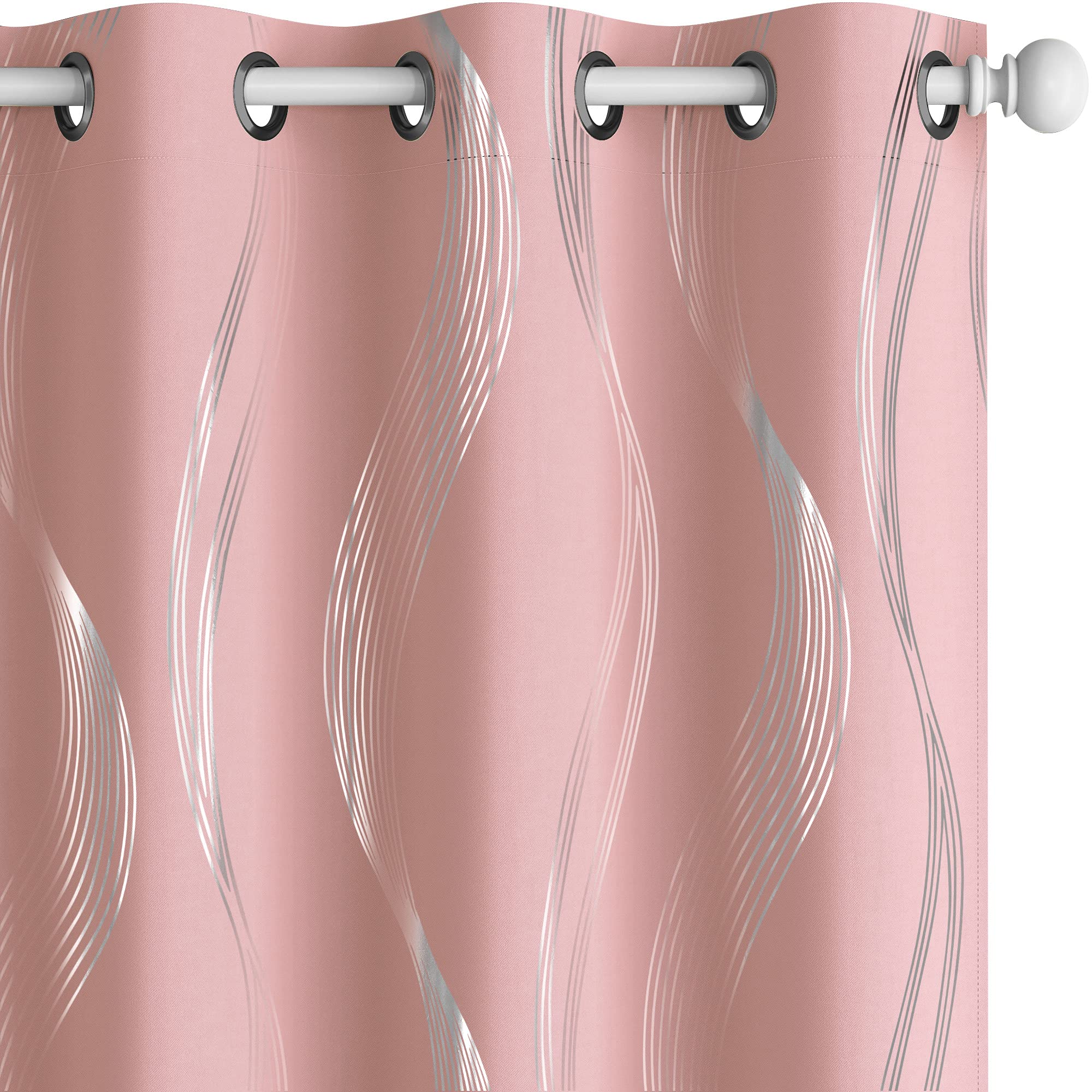 Deconovo Coral Pink Blackout Curtains - Thermal Insulated Wave Striped Foil Print Window Drapes for Bedroom, 2 Panels 52x45 Inch - Light Blocking, Noise Reducing & Energy Saving Room Darkening Grommet Curtains for Better Sleep, Home Theater & Nursery