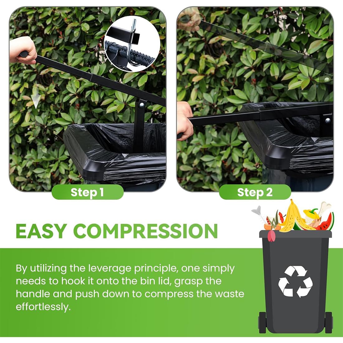 Wastemate Bin Compactor 2025 - Touchless Manual Trash Can Compactor for Household & Wheelie Bins | Space-Saving Waste Management Solution for Kitchen, Garage & Outdoor Use (1 Pack)