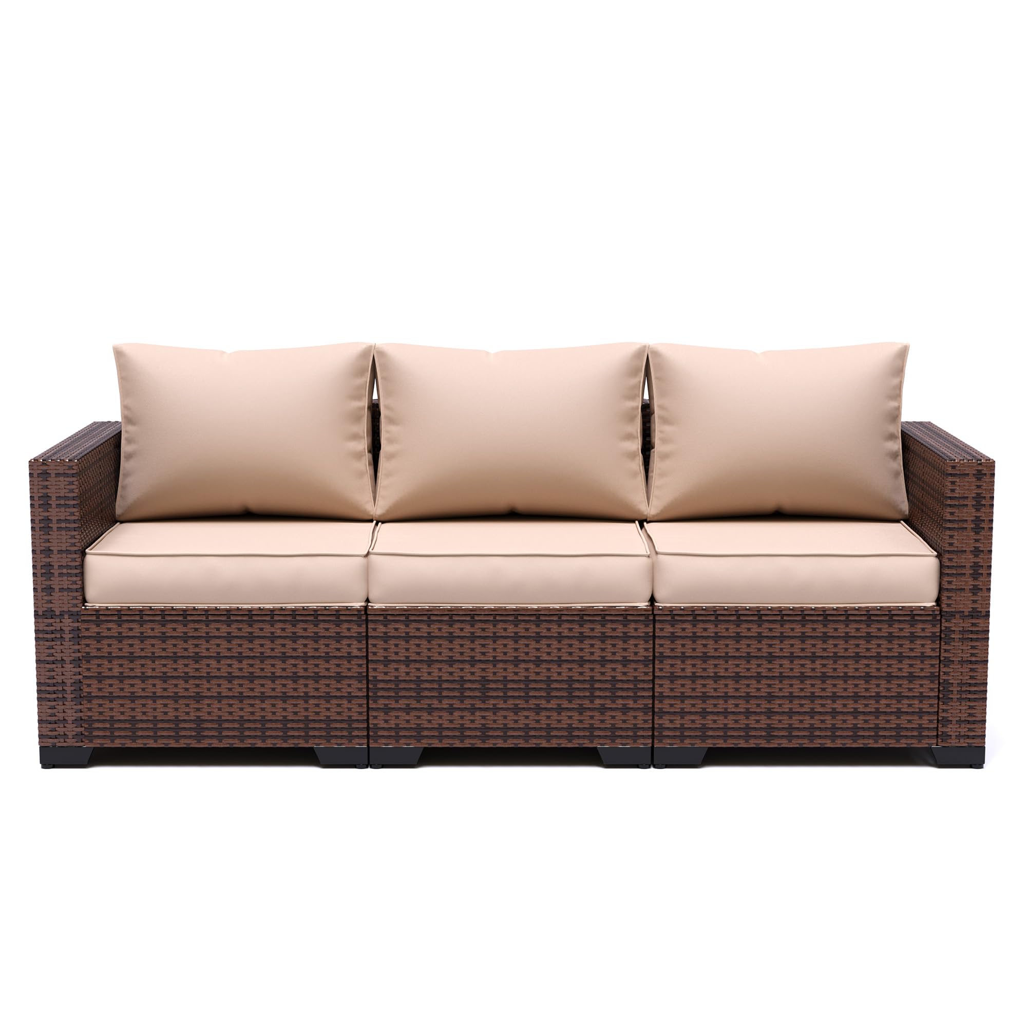UDPATIO 3-Seat Patio Wicker Sofa Set - Outdoor Rattan Sectional Couch with Steel Frame, Waterproof Furniture Cover, Non-Slip Cushions & Deep Seating High Back - Khaki Brown - Perfect for Garden, Poolside, Balcony & Backyard Relaxation