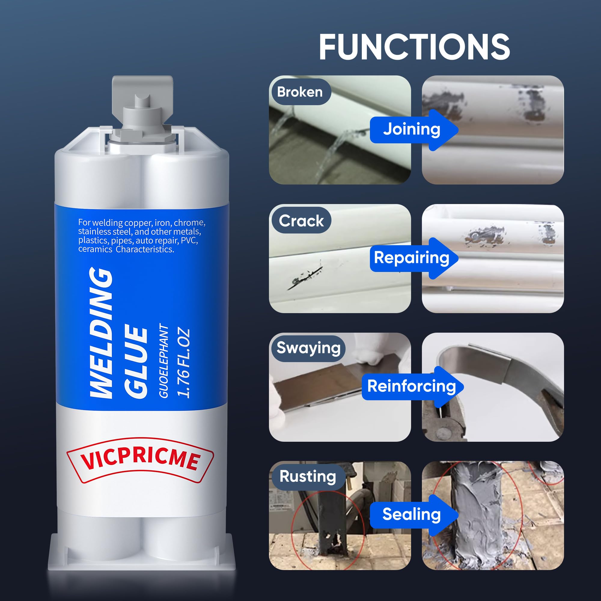 Vicpricme Heavy Duty 2-Part Epoxy Metal Glue - 1.76oz Strong Bond for Metal, Plastic, Steel, Ceramics & Tiles - All-Purpose Repair & Leak Sealing Adhesive (1 Pack) - Perfect for Home Repairs, Automotive Fixes & DIY Projects