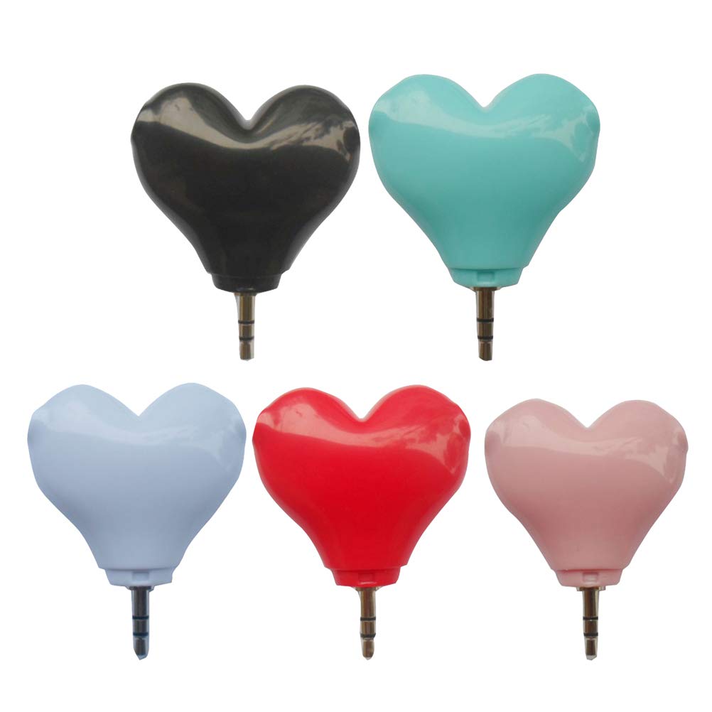 5-Pack Heart-Shaped 3.5mm Headphone Splitter - Male to 2 Female Audio Jack Adapter (White, Pink, Red, Blue, Black) - Portable Keychain Earphone Splitter for Sharing Music with Friends, Travel, Gaming & Movie Watching