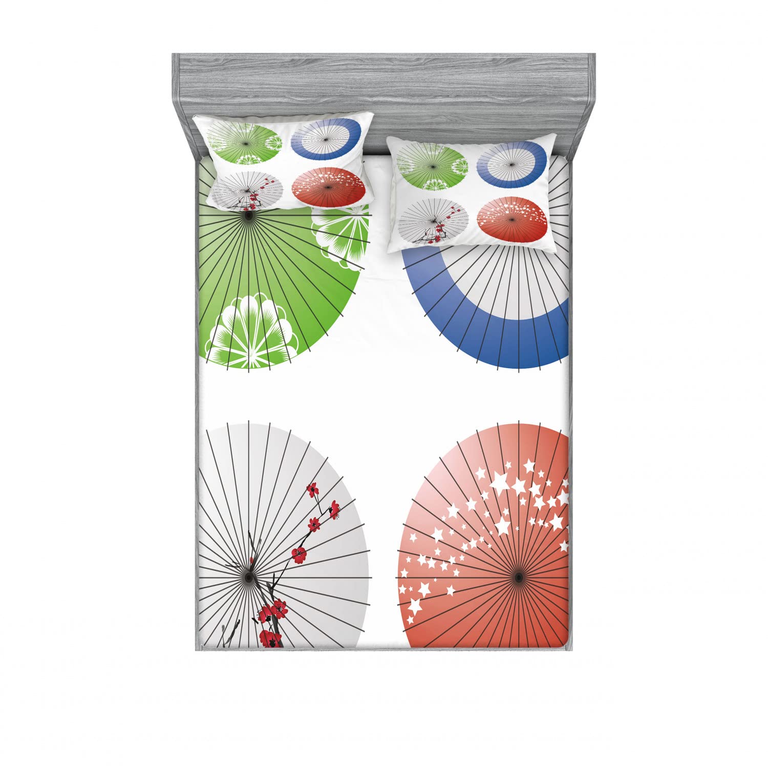 Ambesonne Japanese Floral 2-Piece Full Size Fitted Sheet Set with 4 Pillow Shams - Cherry Blossom & Umbrella Design, Soft Bedding Collection for Guest Room, Dorm Decor, Multicolor Home Textile Accessories