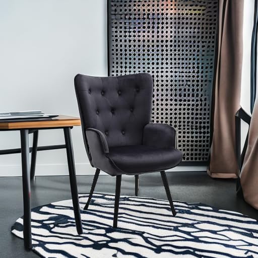 Furnimart Black Velvet Accent Chair - Mid Century Modern Living Room Armchair with Comfortable Cushion | Stylish Wingback Design for Office, Study, Bedroom, Vanity & Waiting Room | Perfect for Relaxing, Reading & Home Decor
