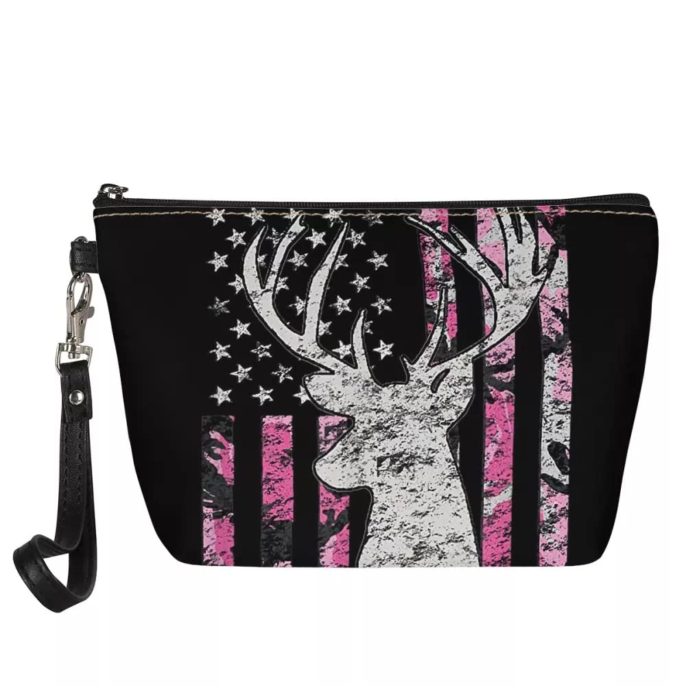 **DISNIMO Pink American Flag Deer Hunting PU Leather Travel Cosmetic Bag - Waterproof Toiletry Organizer with Zipper & Handle - Perfect for Hunting Trips, Camping & Birthday Gifts**
