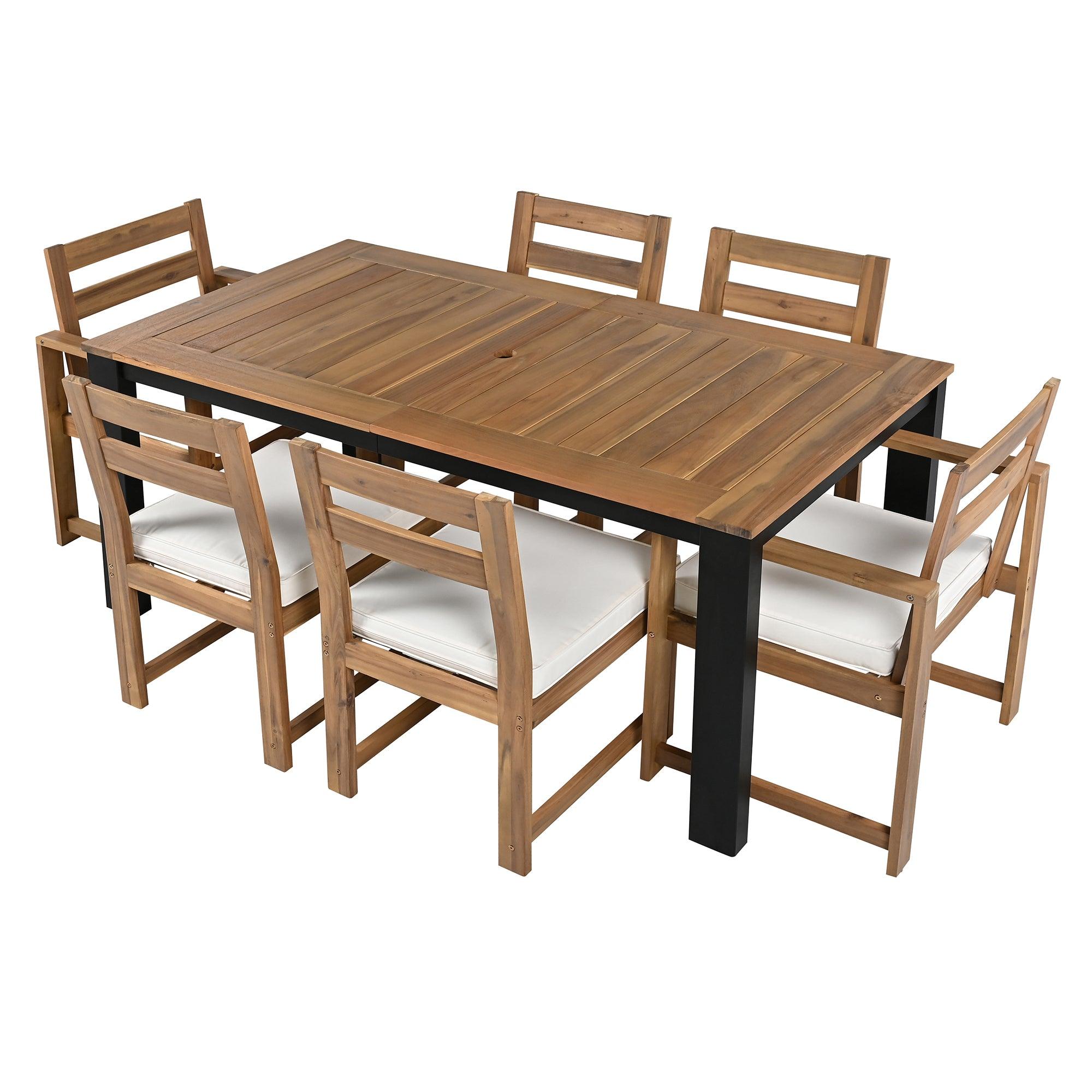7-Piece Outdoor Patio Dining Set - Wooden Table with Umbrella Hole & 6 Chairs (2 Armchairs + 4 Side Chairs) for Garden, Backyard, Poolside - Perfect for BBQs, Family Gatherings & Outdoor Entertaining