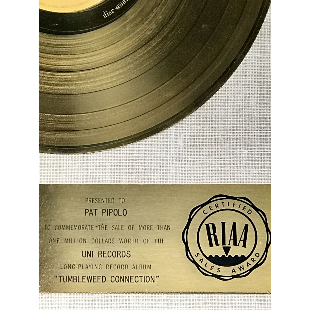 Elton John Tumbleweed Connection White Matte RIAA Gold LP Award - Rare Vinyl Record Collector's Item for Music Enthusiasts & Home Decor