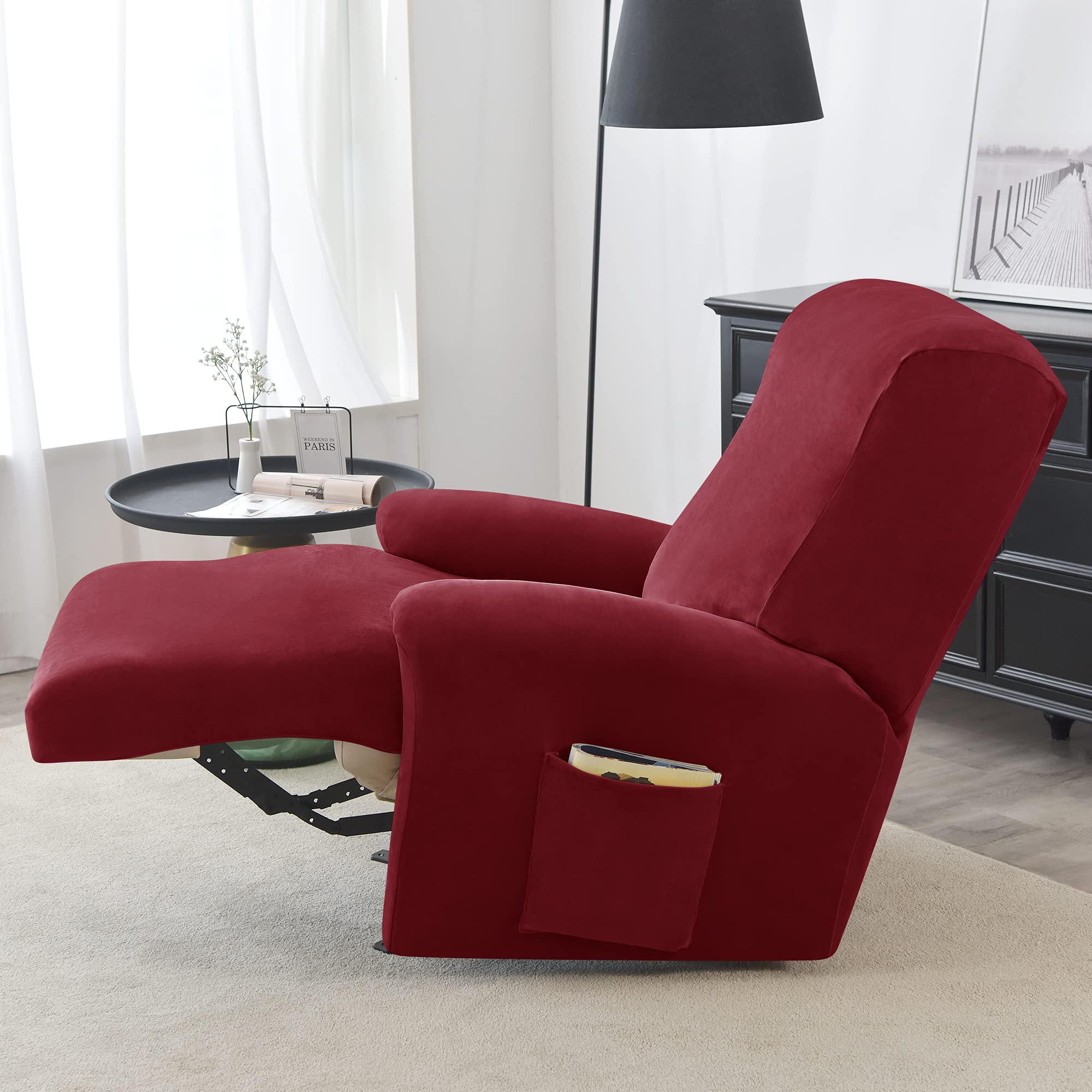 4-Piece Stretch Velvet Recliner Cover with Side Pockets - Anti-Slip Furniture Protector for Reclining Sofa & Chair - Perfect for Living Room, Home Theater & Family Room Comfort