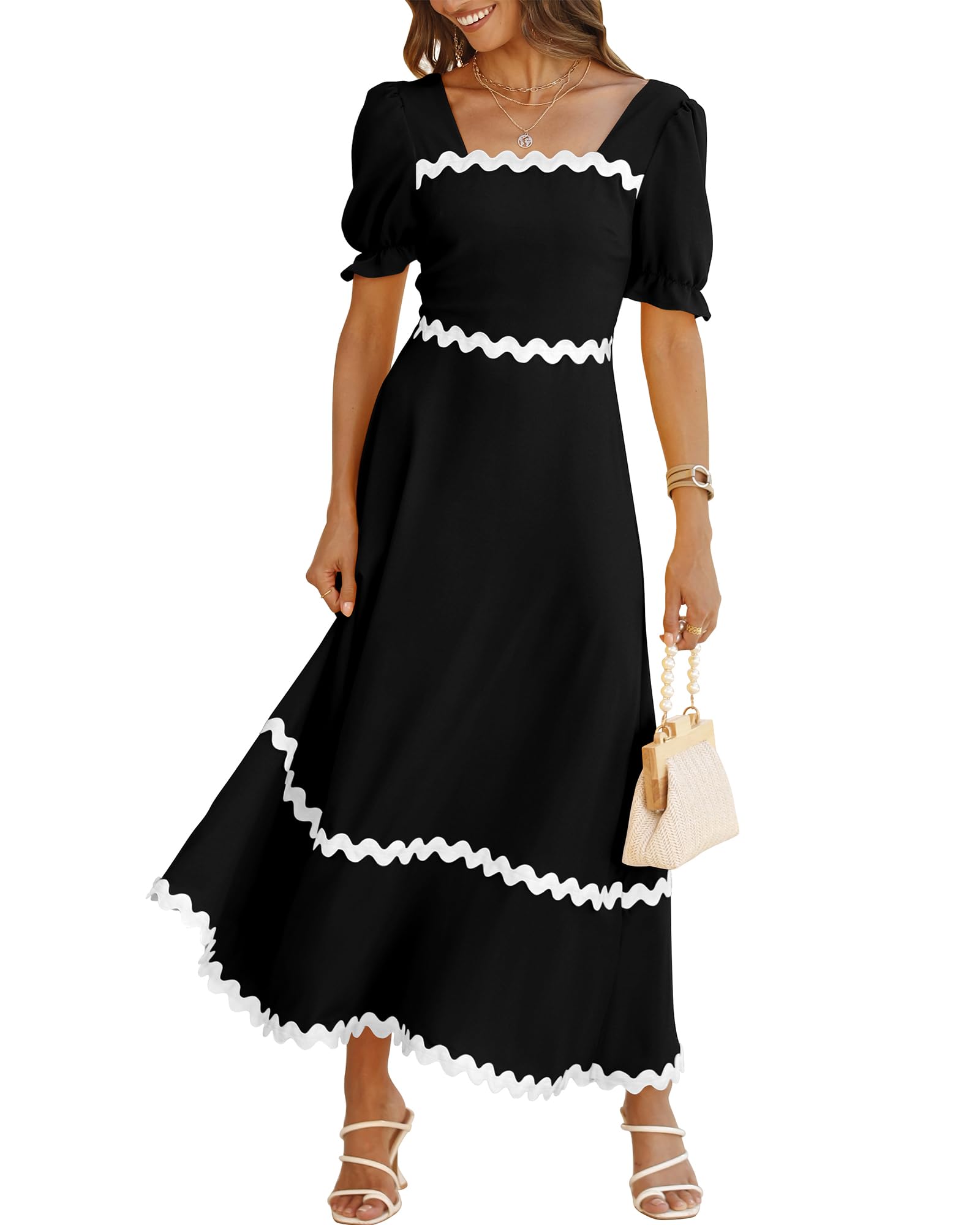 BTFBM Women's Summer 2025 Square Neck Short Puff Sleeve Dress - Casual Ruffle Tie Back Smocked Maxi Dress for Wedding Guest, Beach Vacation & Date Night Outfits