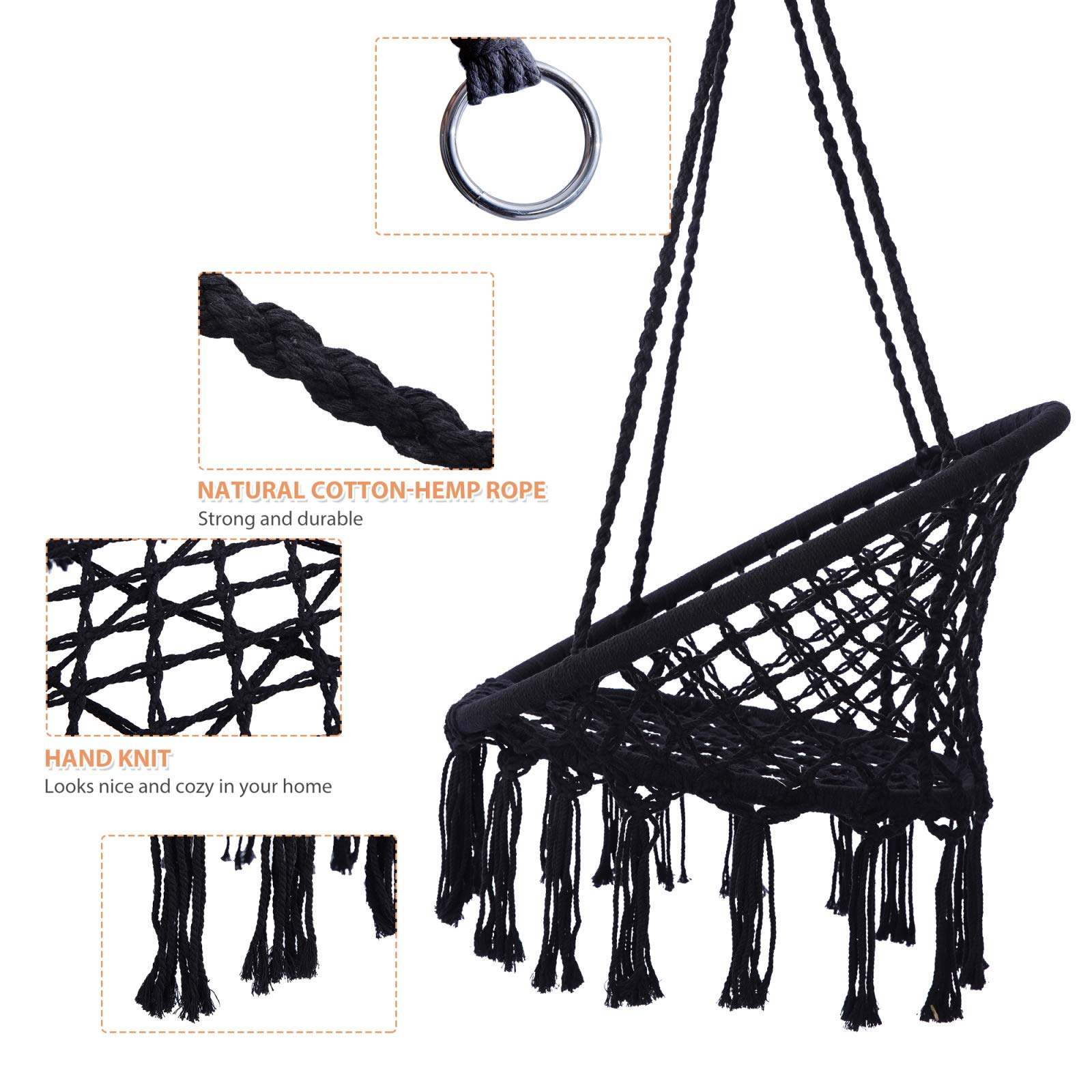 Macrame Swing Chair Hammock - 330 Lbs Weight Capacity, Cotton Rope Hanging Chair for Indoor & Outdoor Use - Perfect for Garden, Patio, Living Room, and Nursery Relaxation (Black)