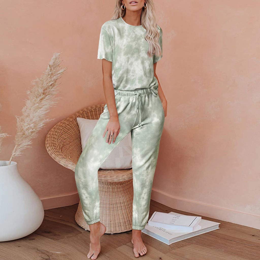 iQKA Women's Tie Dye Loungewear Set - Short Sleeve Top & Long Pants Jogger Pajama Set (2-Piece) | Soft Cotton Lounge Outfit for Home, Sleep & Relaxation