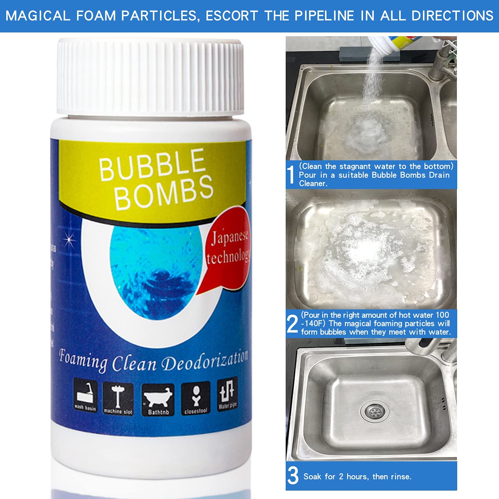 2 Packs Powerful Magic Bubble Bombs Drain Cleaner - Fast Foaming Pipe Cleaner Powder for Kitchen & Toilet Clogs | Quick Drain Unclogging Solution for Sinks, Showers & Bathtubs
