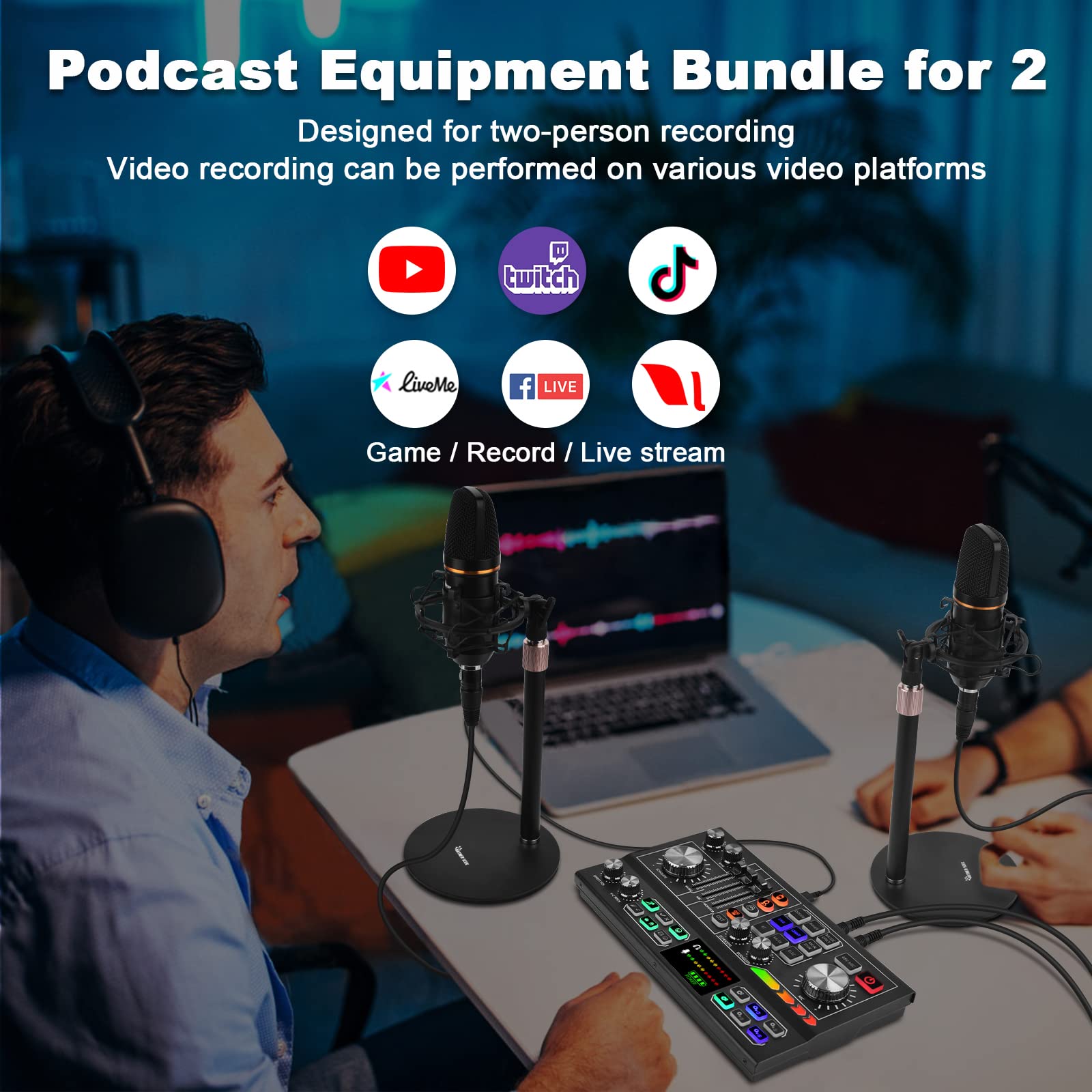 Professional Audio Mixer with Condenser Mic & 48V Phantom Power - USB/USB-C Audio Interface for Podcasting, Live Streaming & Home Studio Recording