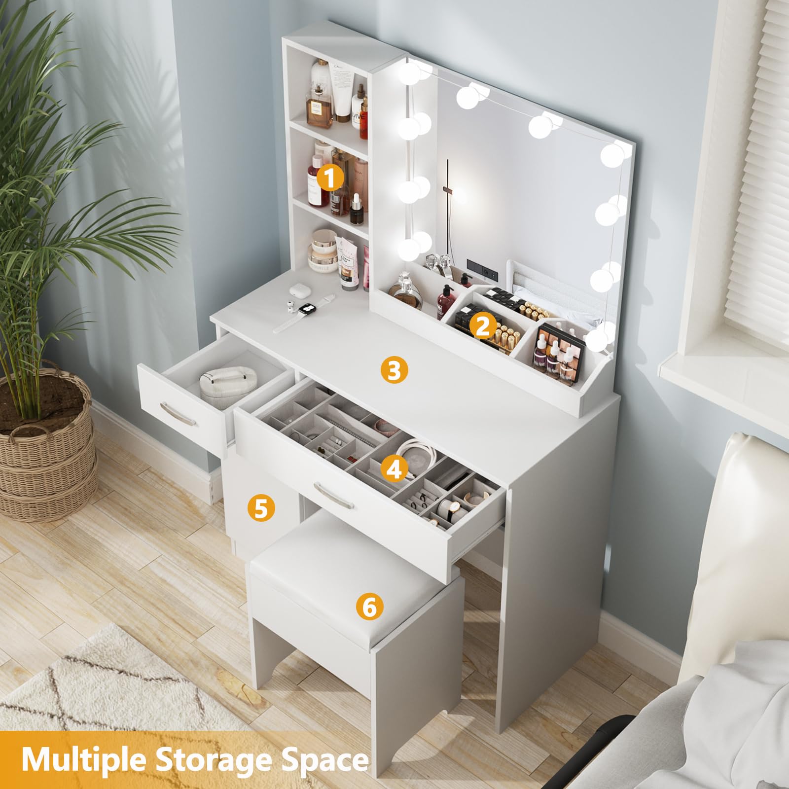 Fameill White Vanity Desk with LED Mirror & 2 Drawers - Adjustable 3-Color Lighting Makeup Table with Storage (35 Inch) - Perfect for Bedroom, Dressing Room & Beauty Salon