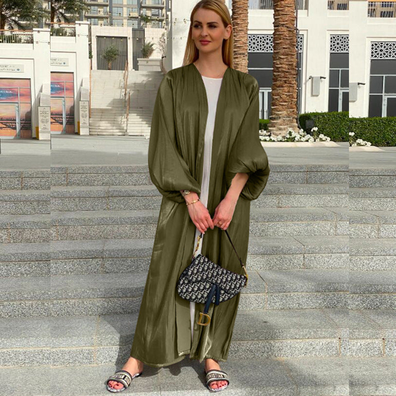 Elegant Muslim Abaya Dress for Women - Shining Silklike Kimono Cardigan with Puff Sleeves | Eid, Summer, Dubai & Turkey Fashion | Perfect for Prayer, Parties & Special Occasions