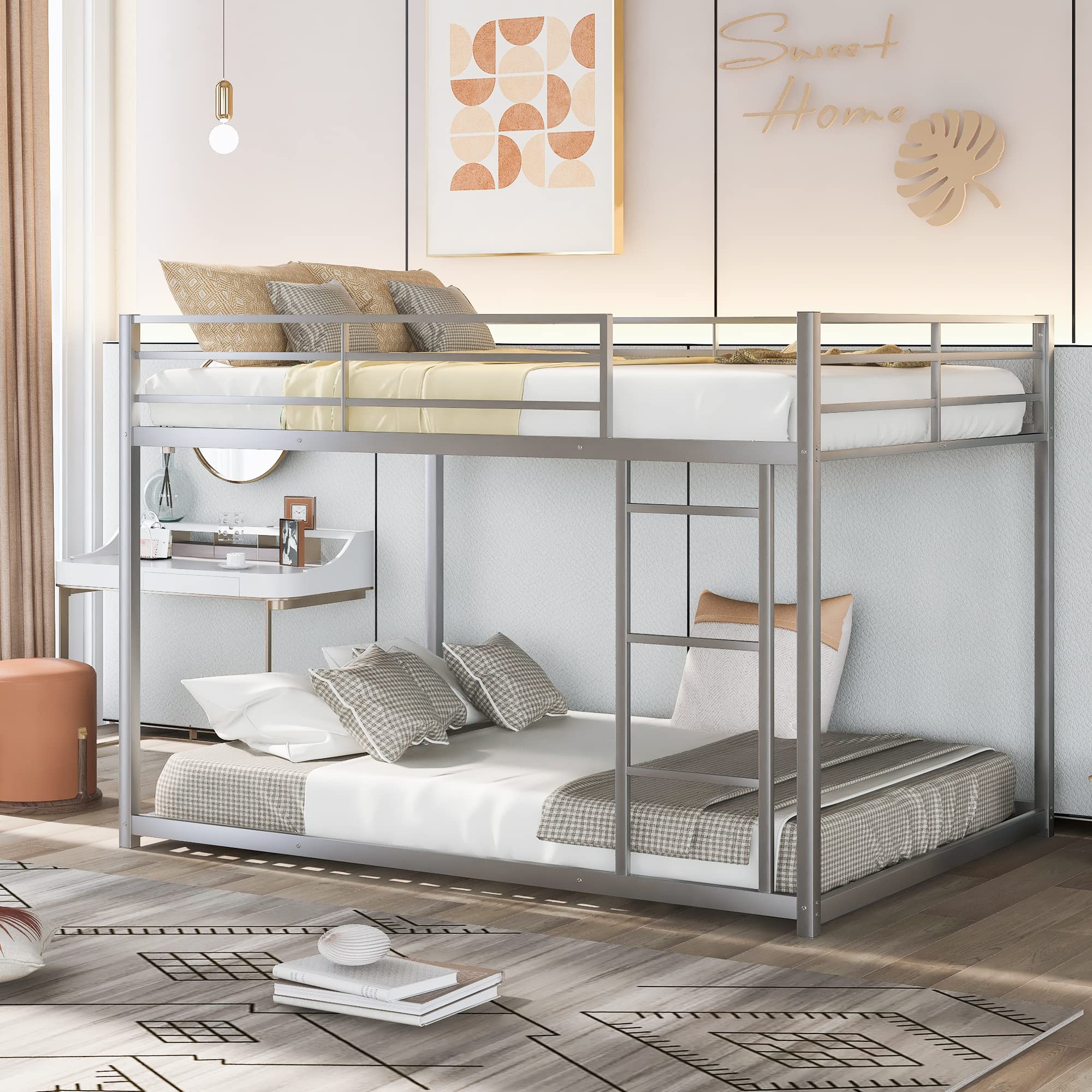Full Over Full Metal Bunk Bed - Heavy Duty Low Profile Bunk Bed with Safety Guard Rails & Ladder for Kids, Teens & Adults - No Box Spring Needed (Silver) - Perfect for Small Bedrooms, Dorms & Guest Rooms