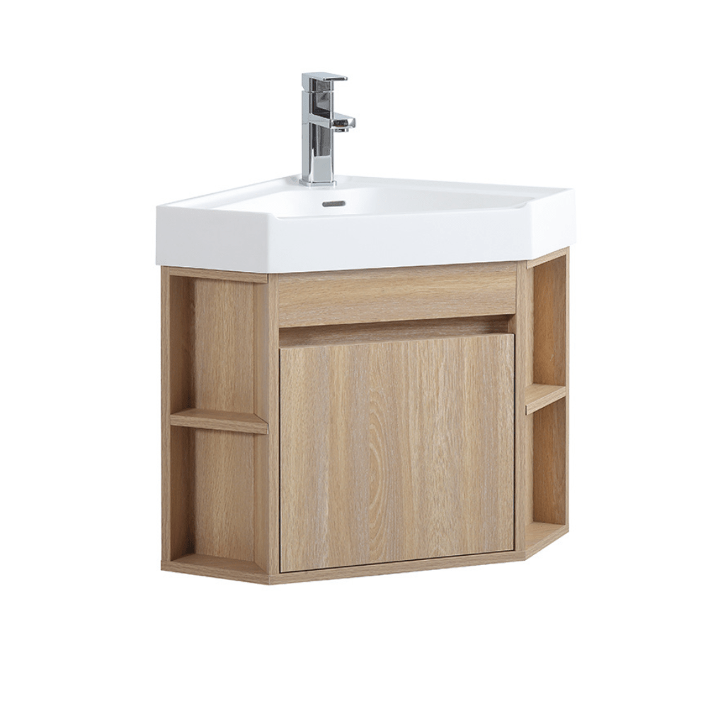 18 Inch Light Oak Trinsville Wall Mount Corner Bathroom Vanity with Matte Solid Surface - Space-Saving Modern Vanity for Small Bathrooms, Powder Rooms & Apartments