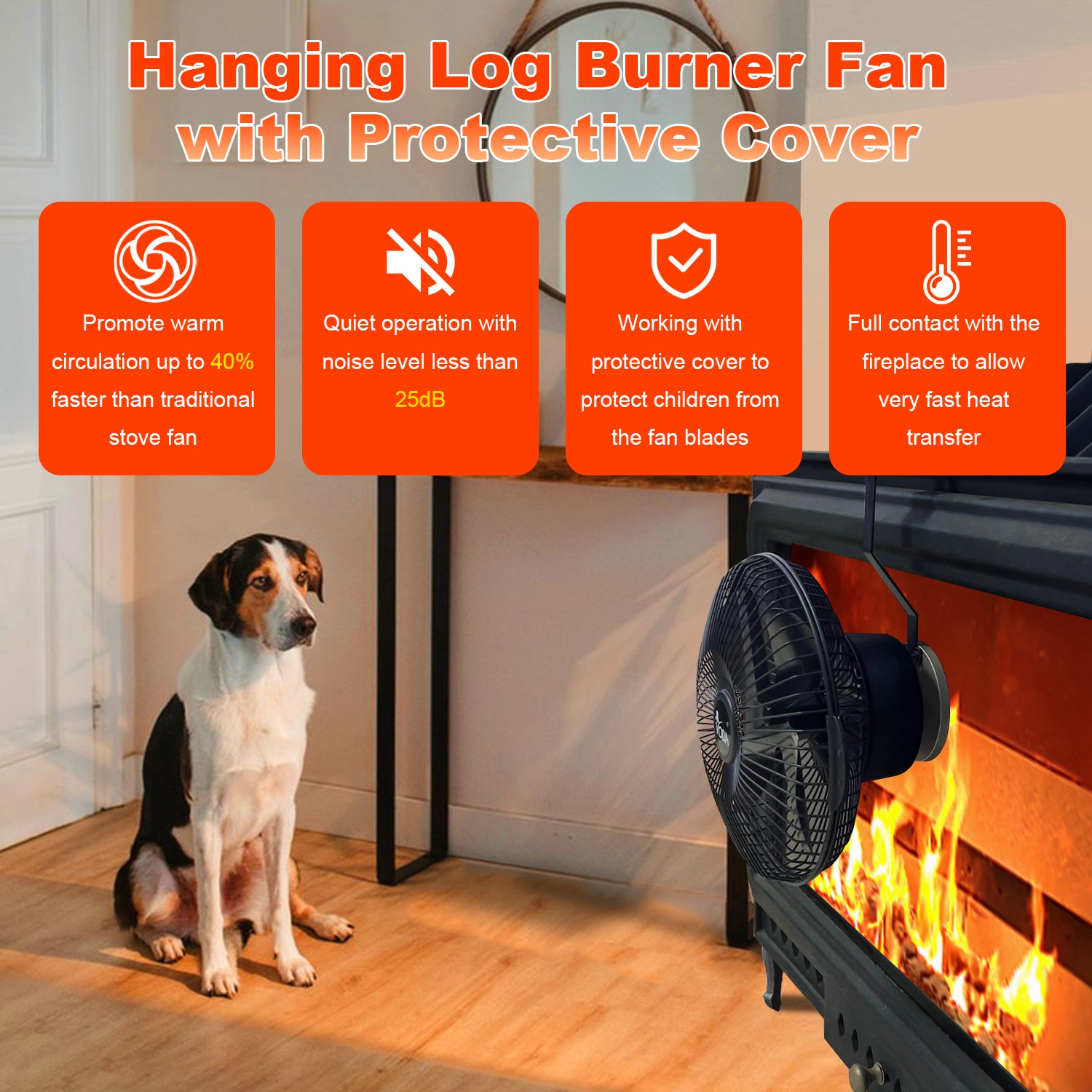 VODA Hanging Wood Stove Fan with Protective Shell - Efficient Heat Distribution for Fireplace, Cabin, and Camping Use