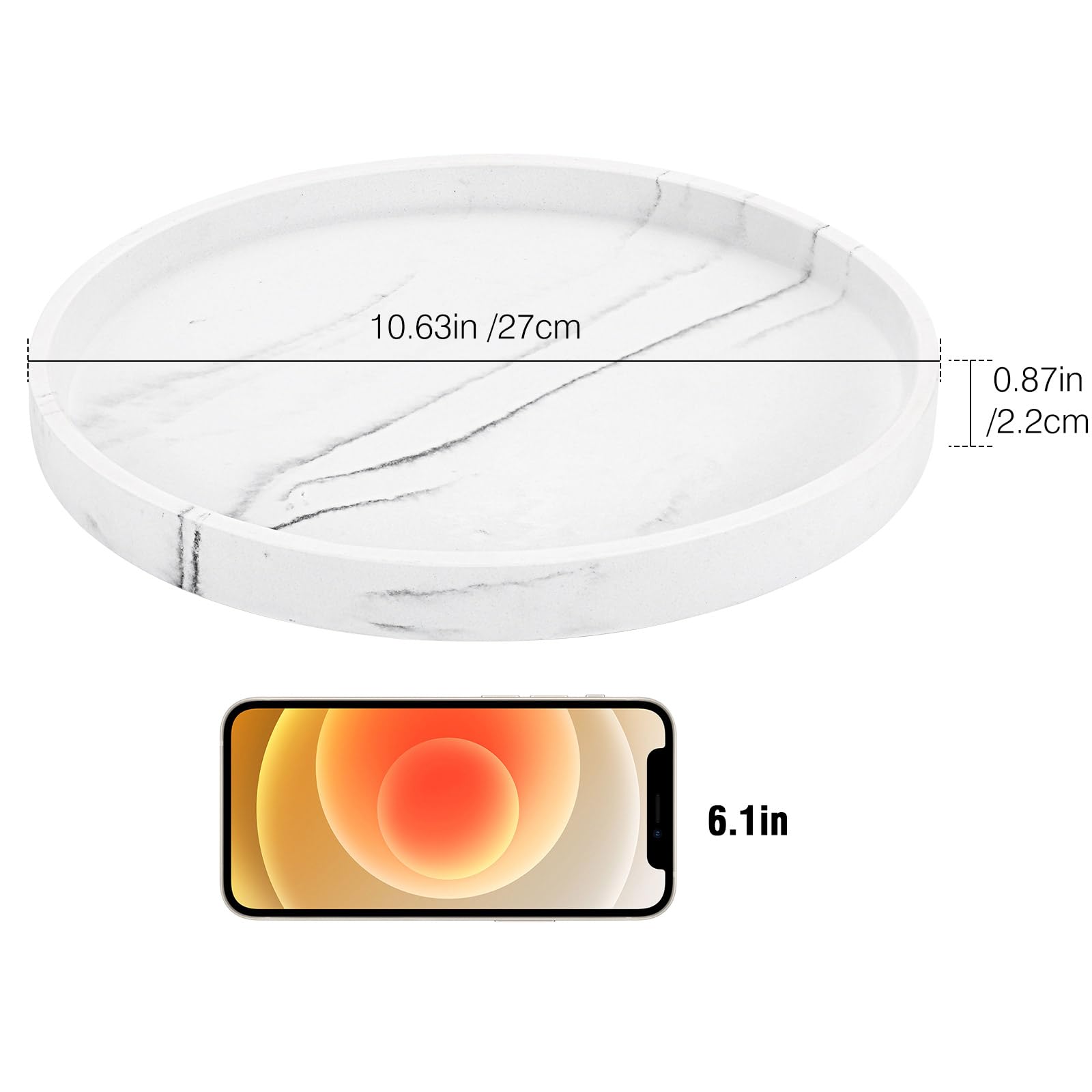 Luxspire 10.63 Inch Round Vanity Tray - White Resin Bathroom & Kitchen Countertop Organizer for Jewelry, Perfume, Candles - Decorative Dresser & Coffee Table Tray with Gravel Texture - Perfect for Home Decor, Gift Giving & Spa Day Organization