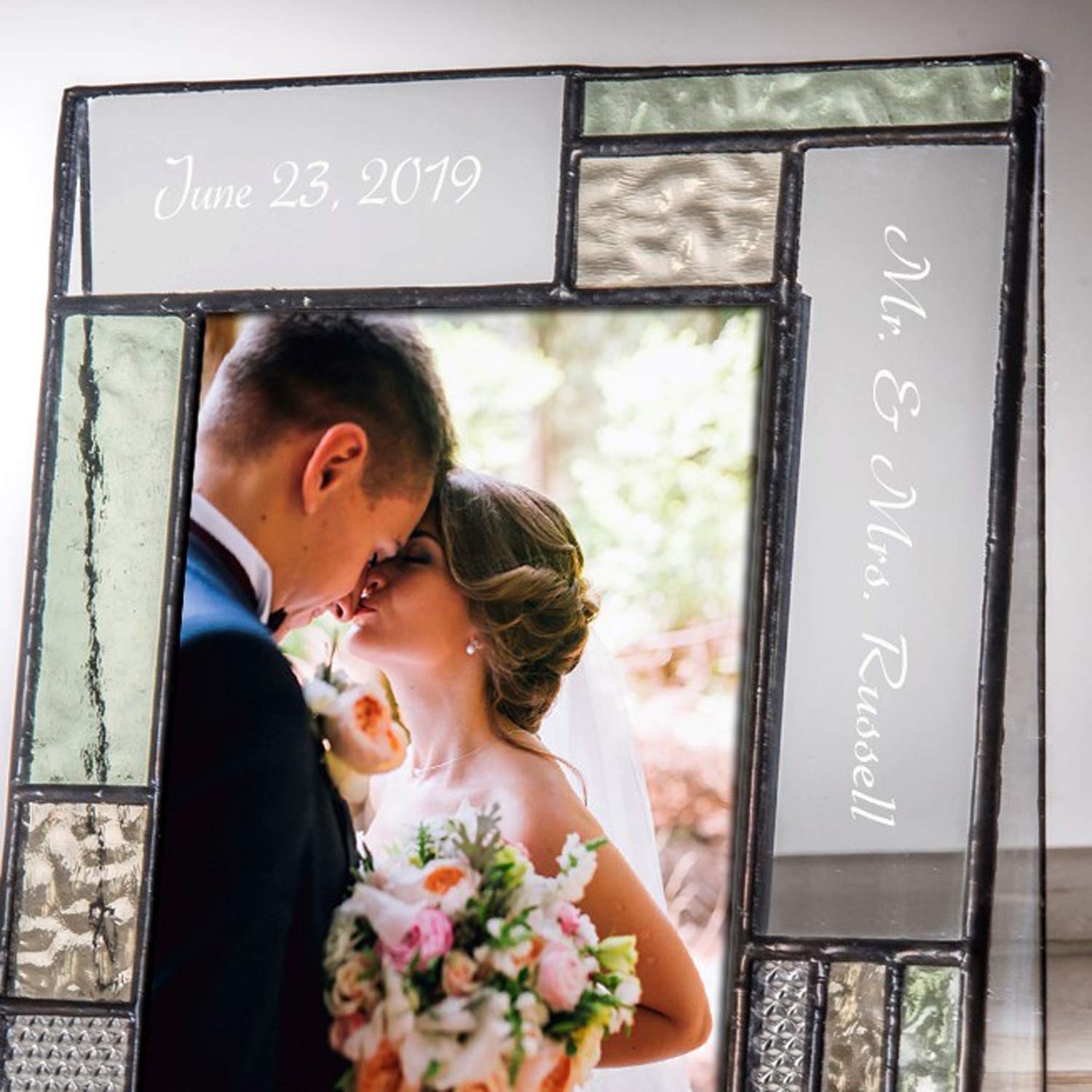 Personalized Wedding Picture Frame - Green Yellow Glass Table Top Photo Keepsake for Couples | Perfect for Engagement & Anniversary Gifts