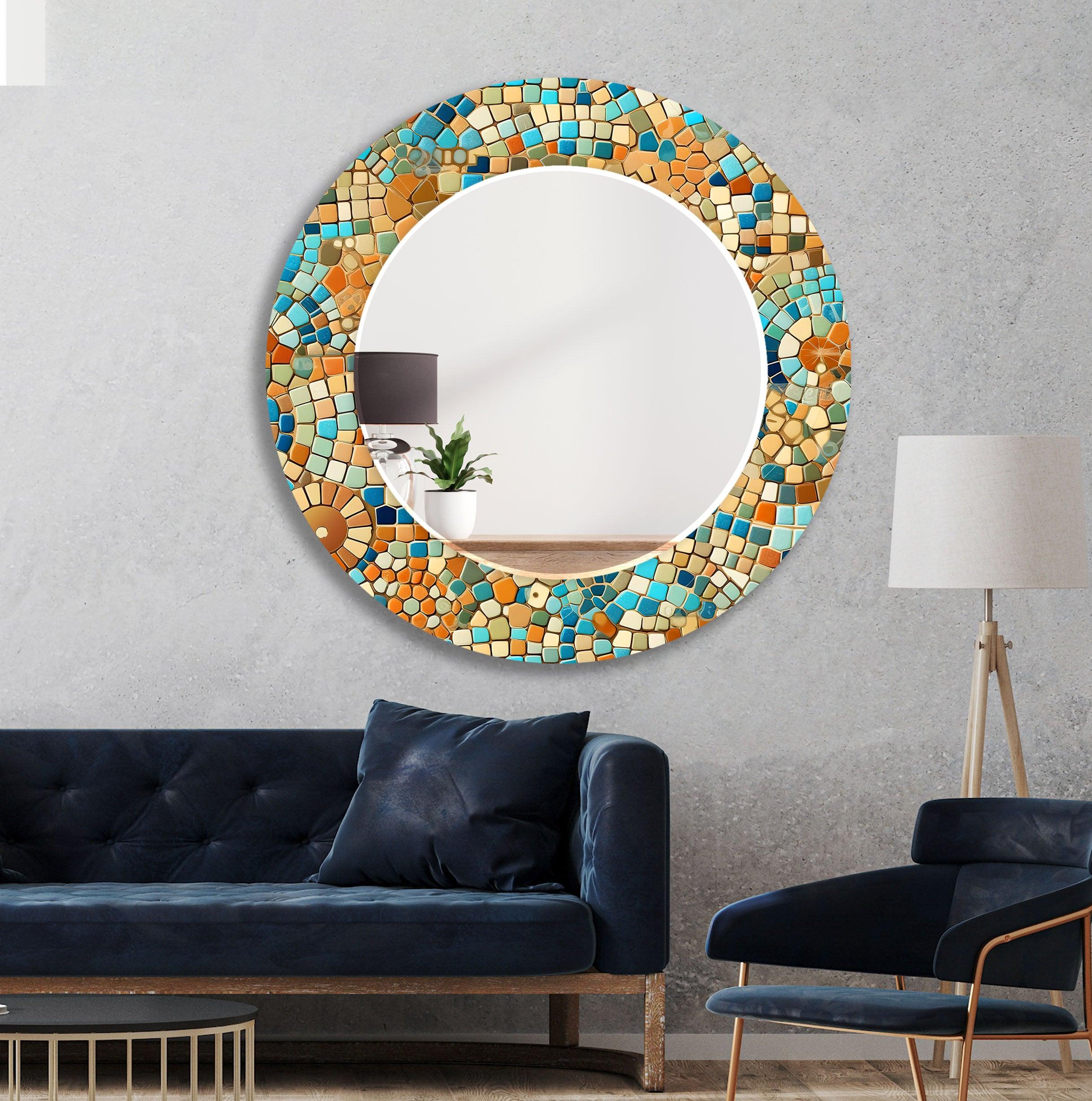 Beige and Blue Mosaic Wall Mirror - Handmade Decorative Bathroom Vanity Mirror - Perfect for Bedroom, Living Room & Entryway Décor