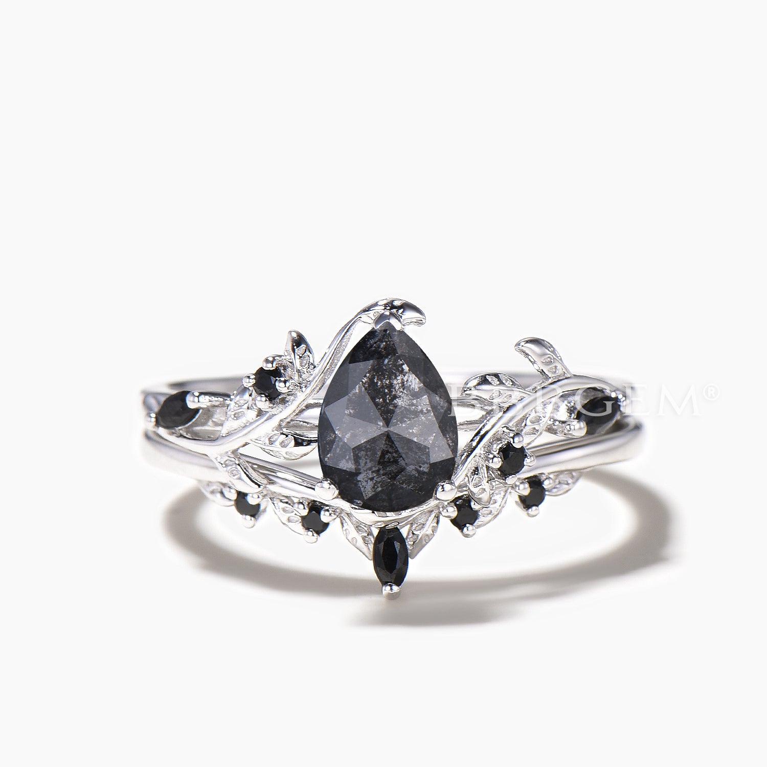 Natural Salt and Pepper Diamond Wedding Ring for Women - Pear Cut, Platinum Band, Nature Inspired Design - Perfect for Engagement, Anniversary & Bridal Jewelry