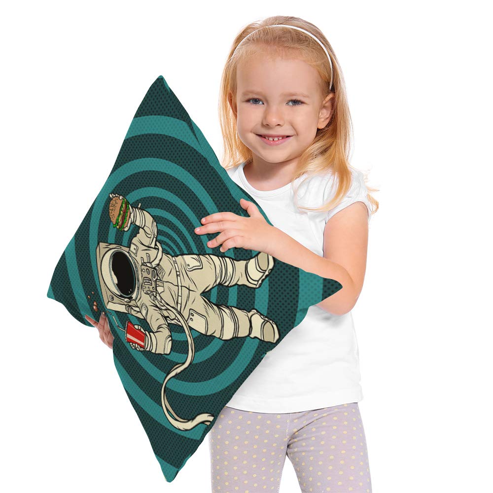 Astronaut Spiral Stripes with Cola & Hamburger Starship Throw Pillow Cover - 18x18 Inch Cotton Linen Square Cushion Case for Bedroom, Living Room, Space-Themed Decor