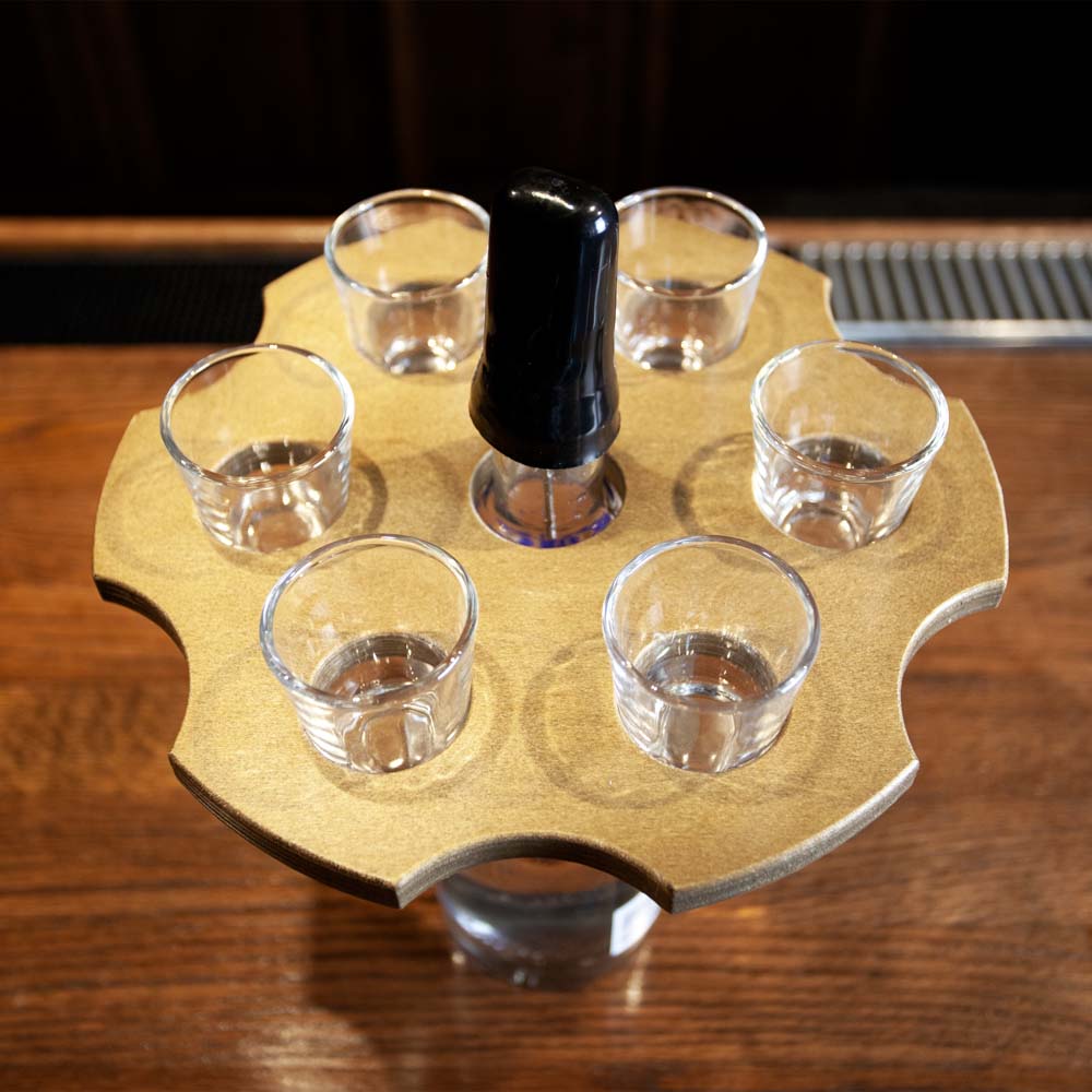 6 Shooter Wooden Shot Glass Holder & Bottle Topper Set - Black or Stained Finish - Perfect for Home Bars, Parties, and Whiskey Lovers