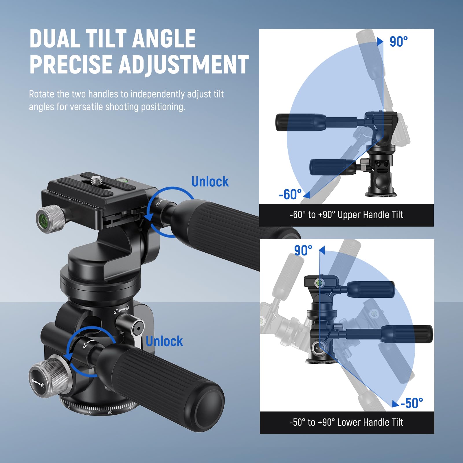 NEEWER 3-Way Pan Tilt Tripod Head with ±15° Leveling Bowl, 3-Axis Fluid Damping Head for DSLR Cameras - Arca-Swiss Quick Release Plate, 13.2lb Load Capacity, Retractable Handle (Model GM37) - Perfect for Photography, Videography & Live Streaming