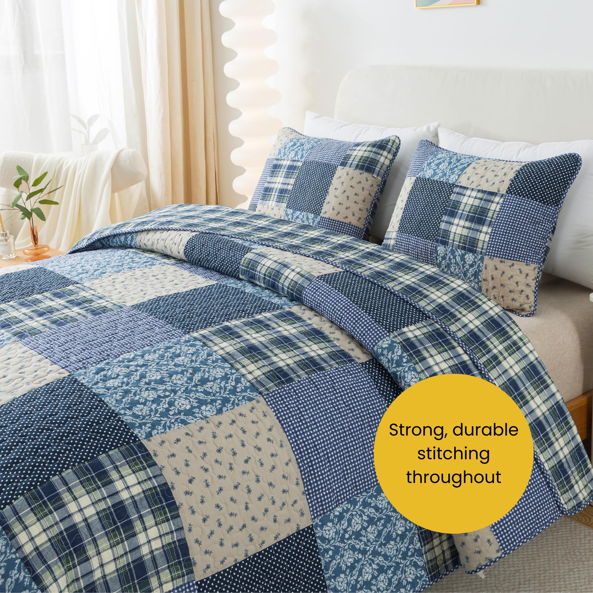 SLPR Blue Symphony Cotton Patchwork Quilt Set - Twin Size with 1 Sham | Farmhouse Style Checkered & Plaid Bedspread | Lightweight Cozy Country Bedding for Guest Rooms, Dorm Decor & Cozy Cabin Retreats