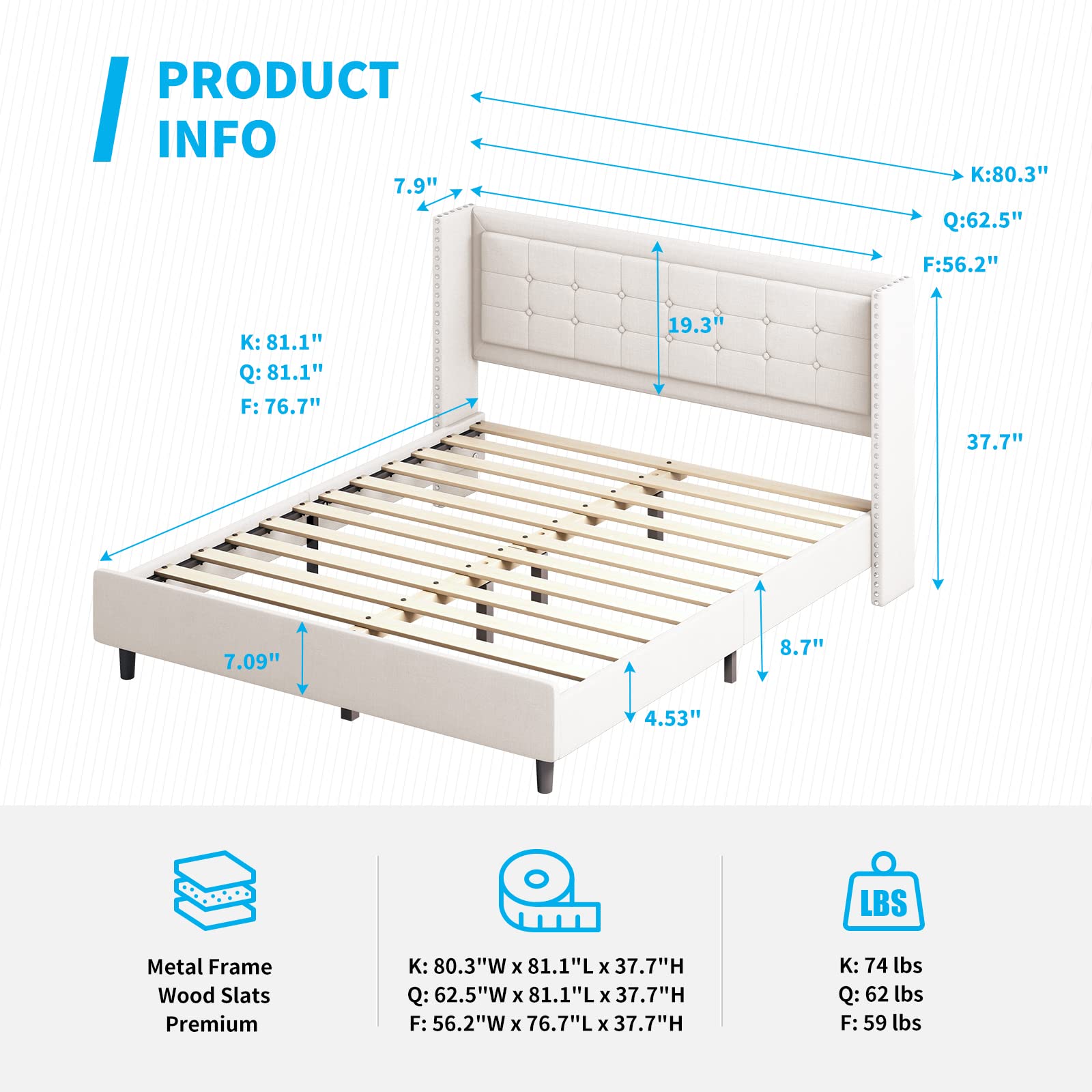 Modern King Size Platform Bed Frame with Wingback Headboard & Tufted Buttons - No Box Spring Needed, Easy Assembly (Beige) - Perfect for Master Bedroom, Guest Room, or Apartment