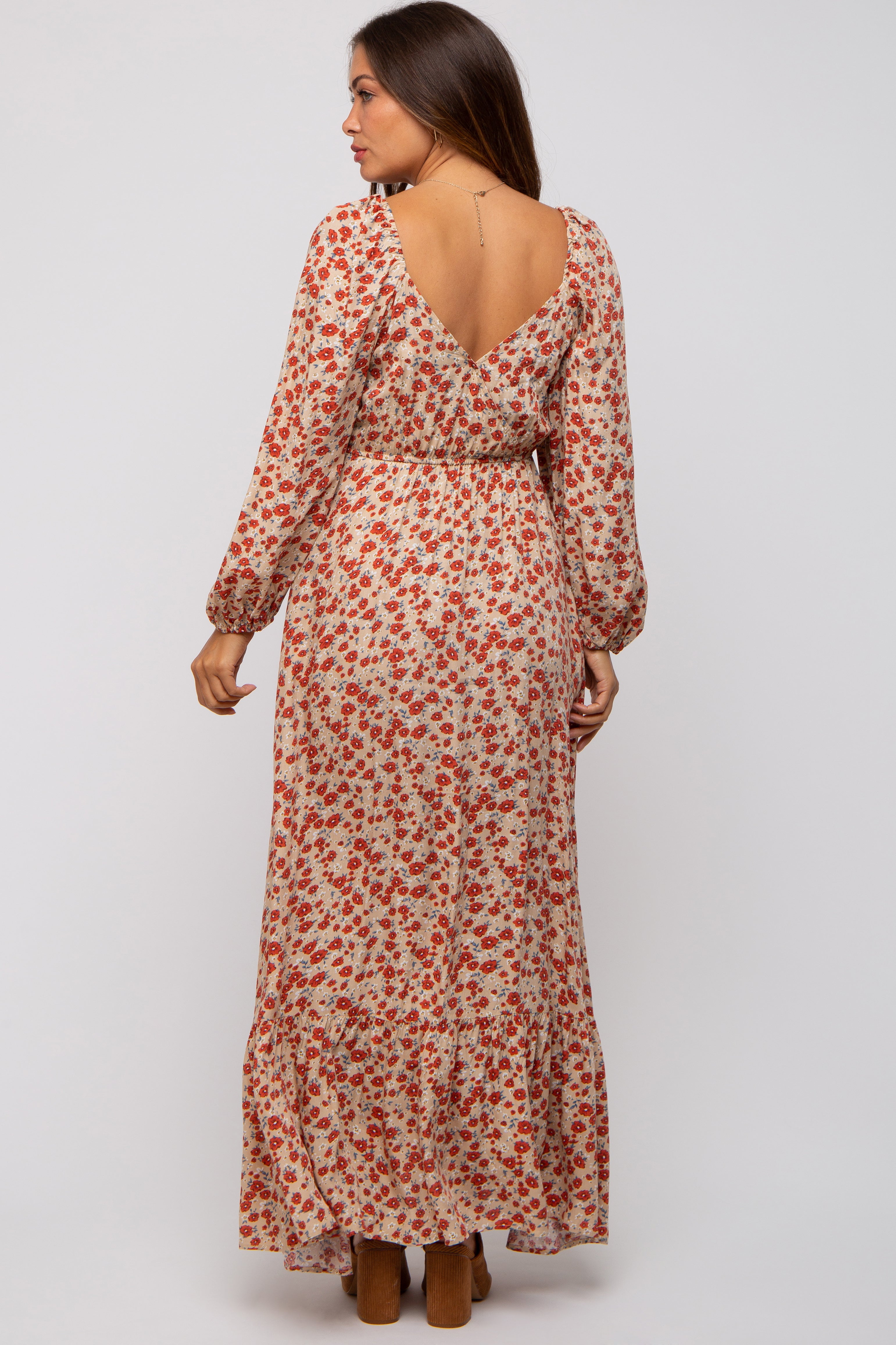 Beige Floral Square Neck Ruffle Maternity Maxi Dress for Pregnancy & Nursing - Comfortable Summer Maternity Dress for Baby Shower, Beach Vacation & Photoshoot