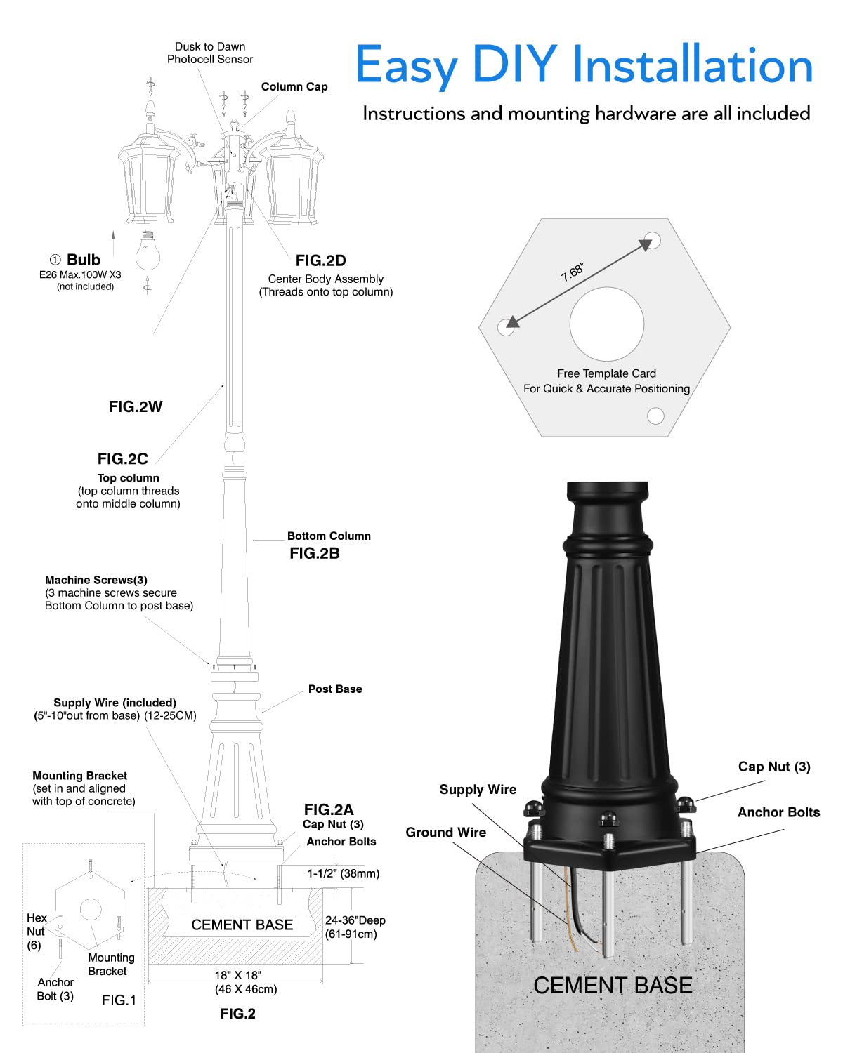 VIANIS 3-Head Outdoor Post Light - Dusk to Dawn Waterproof Aluminum Street Lamp with Tempered Glass - Perfect for Backyard, Garden, Patio, Driveway & Pathway Lighting