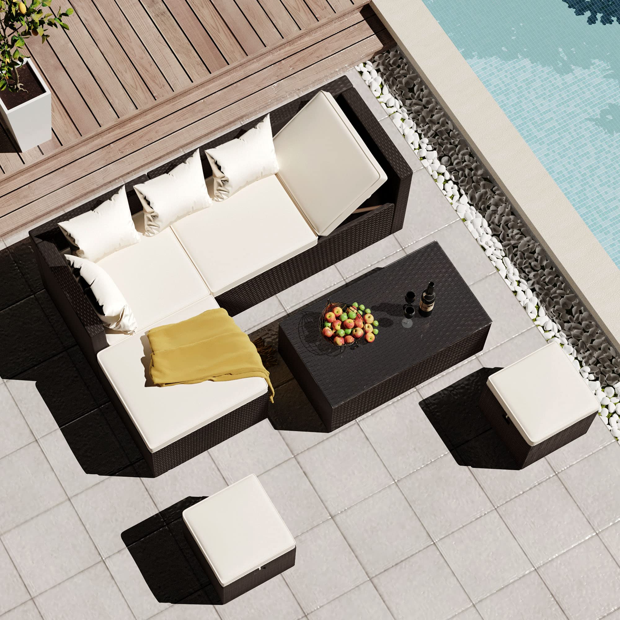 5-Piece Outdoor Rattan Patio Furniture Set with Comfortable Cushions & Glass Table - Brown Wicker & Beige Cushion (48.8