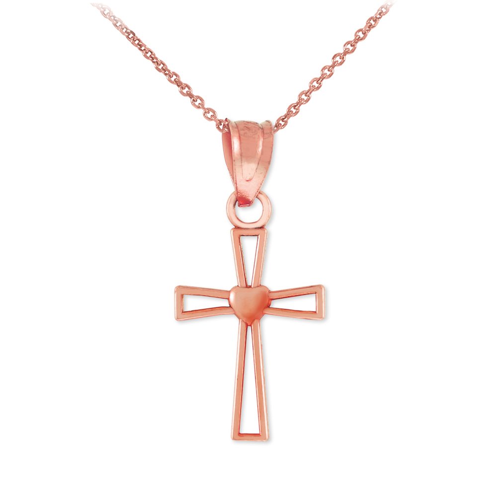 14K Rose Gold Heart Cross Charm Pendant Necklace for Women - Dainty Religious Jewelry Gift for Valentine's Day, Anniversary & Baptism