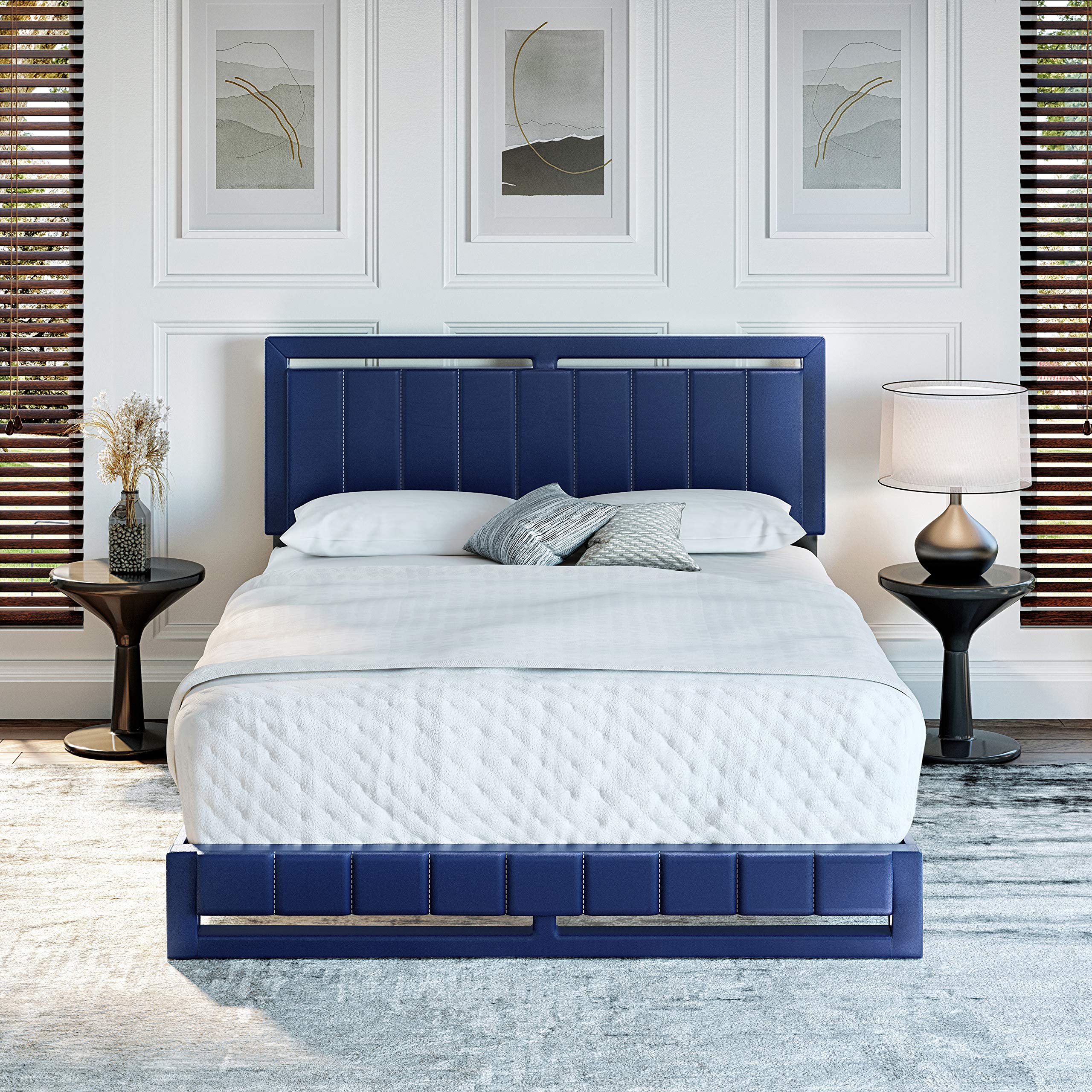 Boyd Sleep Beaumont Upholstered Queen Platform Bed with Headboard - Black Faux Leather - 14 Wood Slat Support Mattress Foundation (No Box Spring Needed) for Bedroom, Guest Room & Master Suite