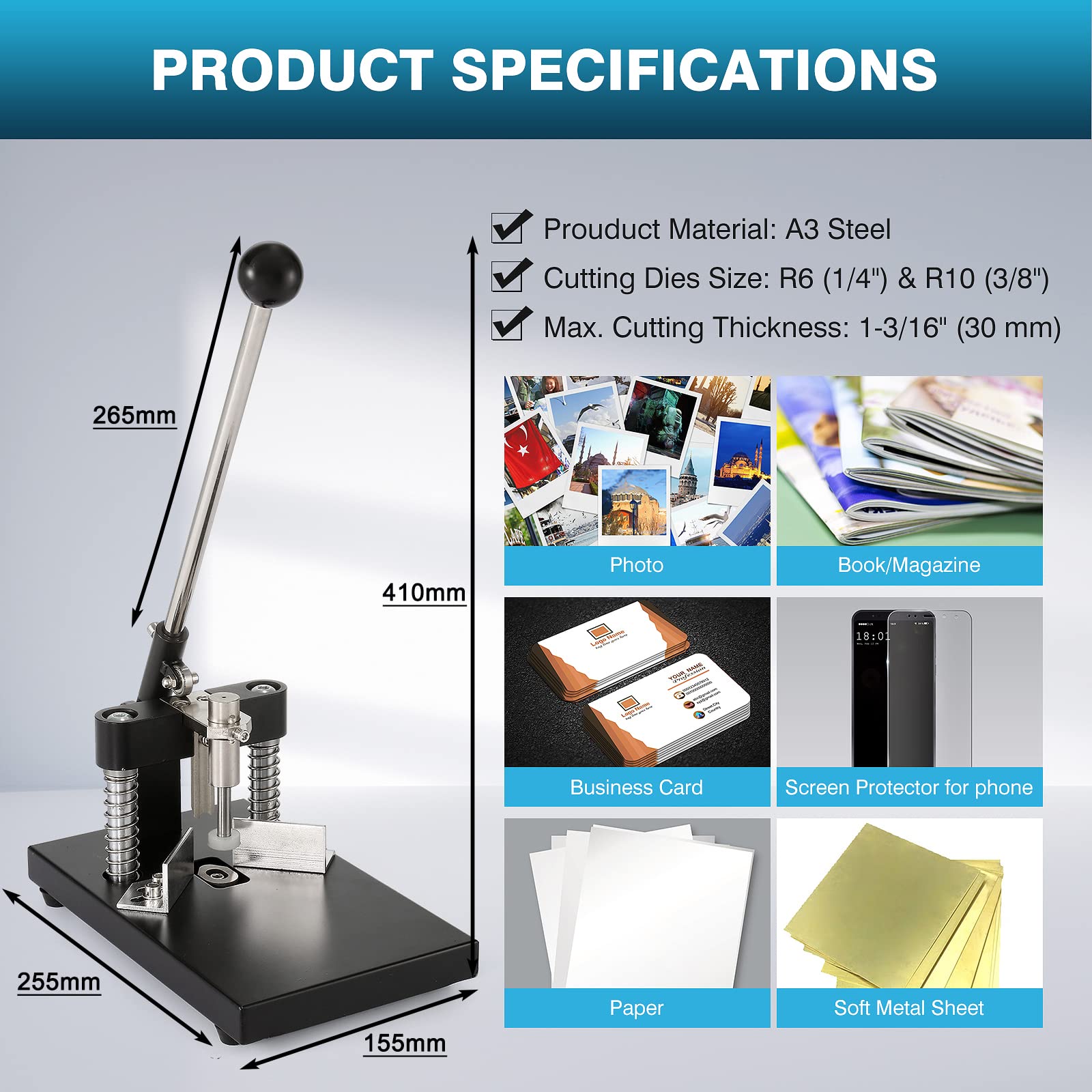 Heavy Duty IRONWALLS Corner Rounder Punch - 1.2”/30mm Thickness Manual Paper Punch Cutter with R6mm & R10mm Interchangeable Dies for Cardstock, Plastic, Aluminum Sheets - Perfect for Scrapbooking, DIY Crafts & Metalworking Projects