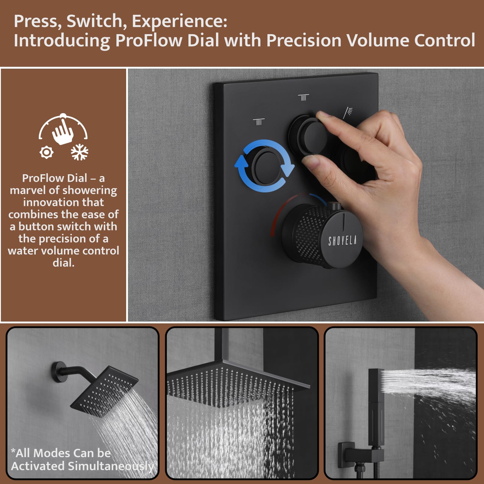 Premium Matte Black Thermostatic Shower System - Push Button Diverter, 2-in-1 Handheld Shower & 12