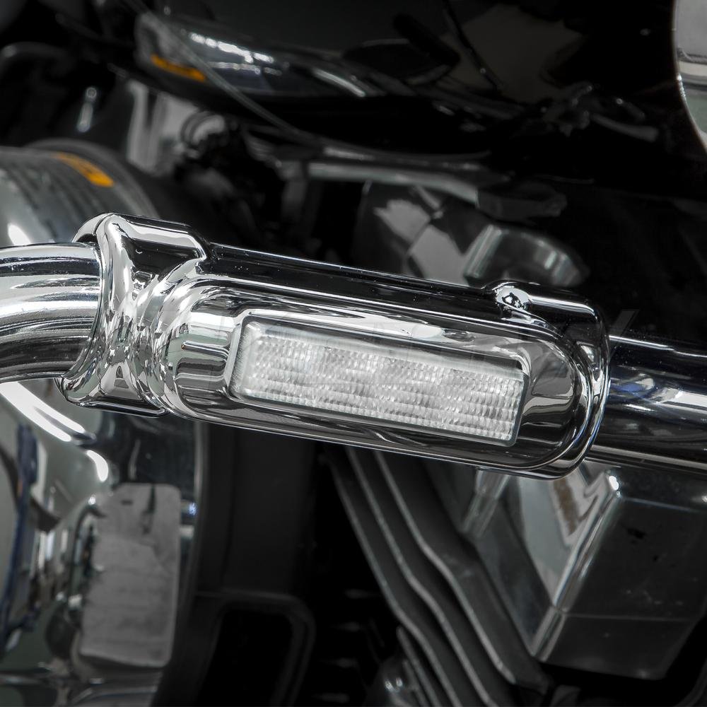 Chrome Motorcycle Highway Bar LED Driving Lights with DRL & Turn Signal - White & Amber Lights for Harley Davidson Touring Bikes (Road King, Street Glide, Road Glide, Ultra Classic, Limited, Trike) - Perfect for Night Riding & Enhanced Safety
