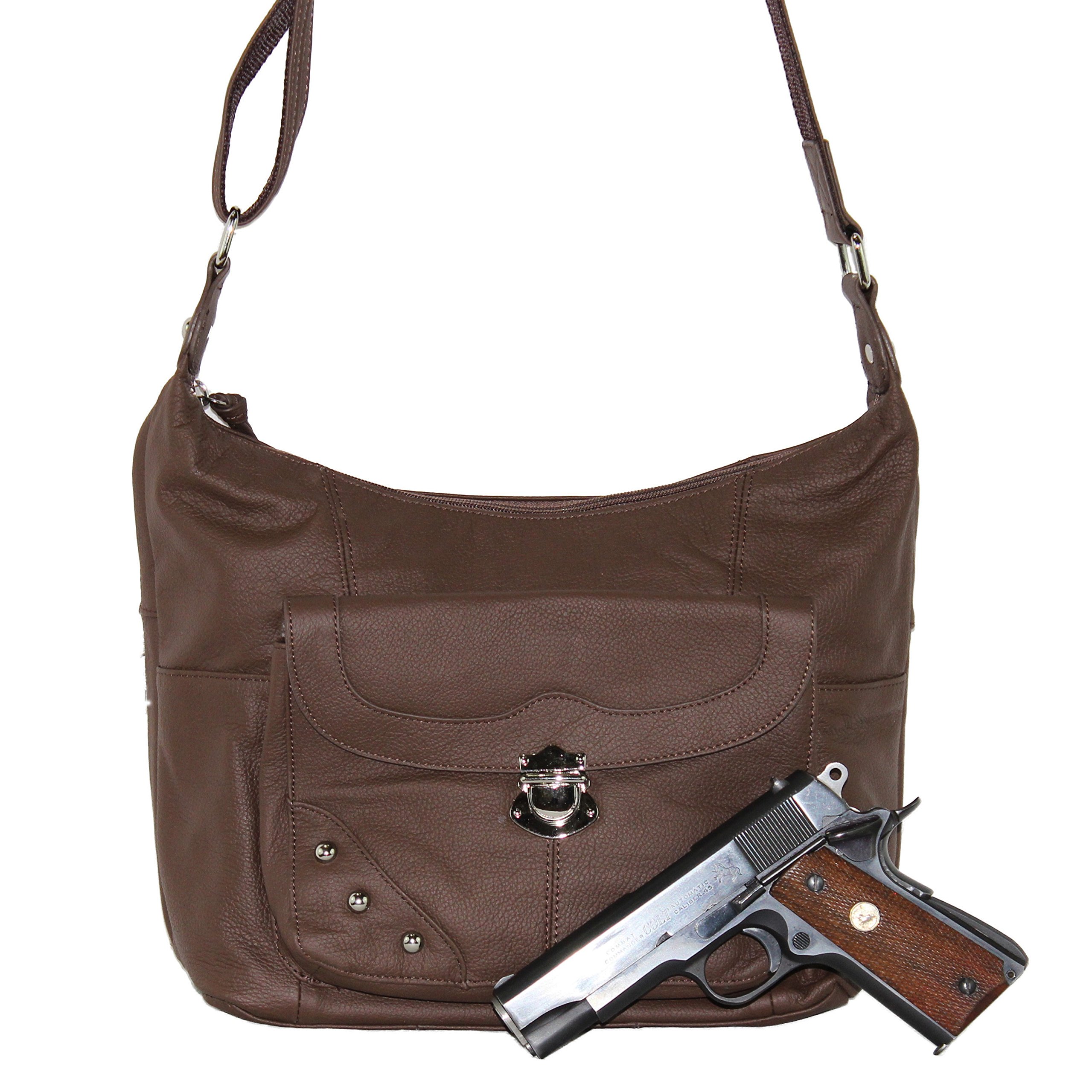 Concealed Carry Purse for Women - Stylish Studded Leather Gun Handbag with Front Pocket - Ambidextrous Left & Right Hand Draw - CCW Approved by Roma Leathers (Brown) - Perfect for Everyday Safety & Fashion