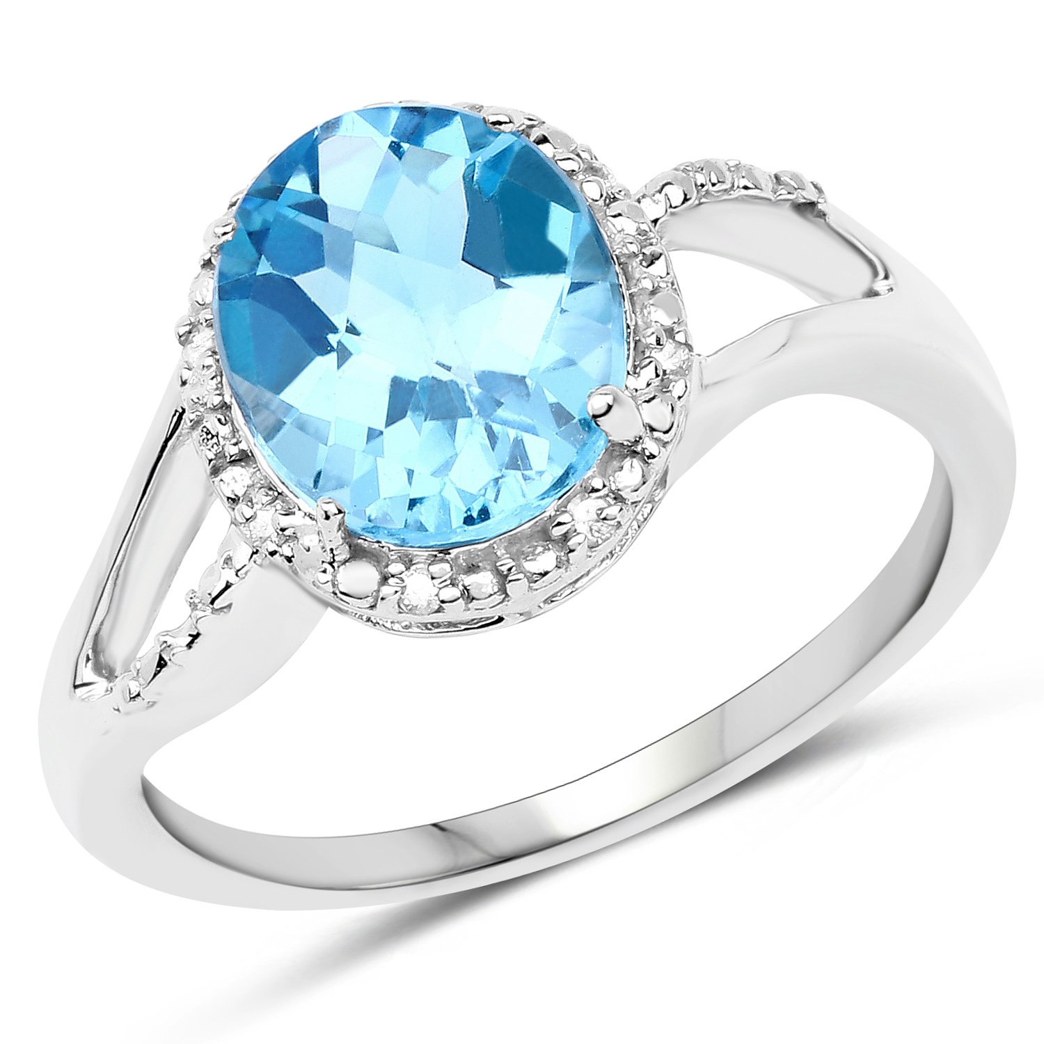 Genuine Swiss Blue Topaz and Diamond Ring in 10k White Gold - Size 8.00 | Elegant Women's Jewelry for Engagement, Wedding & Special Occasions | Bonyak Jewelry