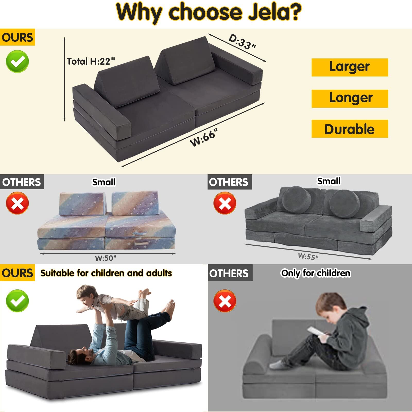 Jela Kids Couch Extended Size 8PCS Modular Play Sofa for Family - Light Blue Foam Furniture for Kids & Adults, 66