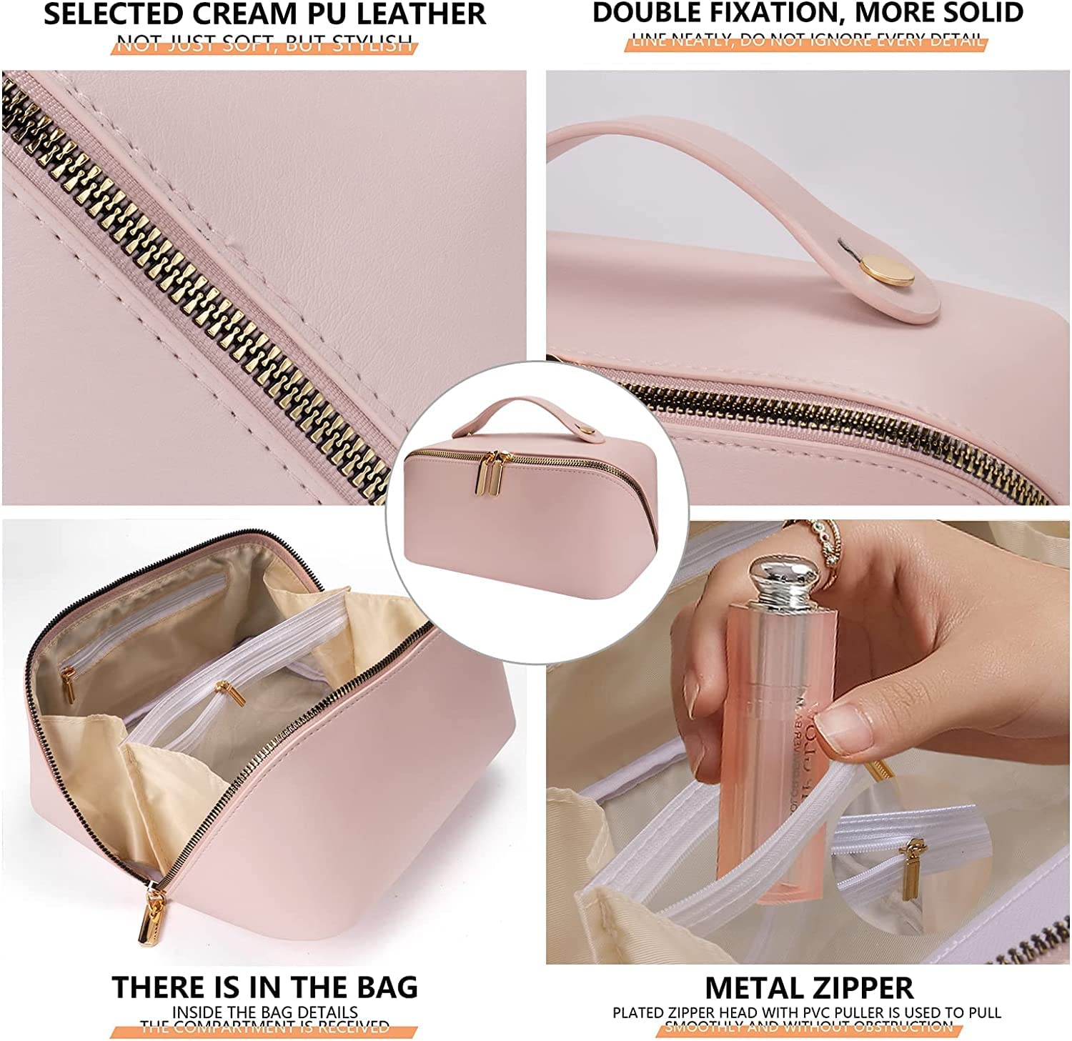 Large Capacity Waterproof PU Leather Travel Makeup Bag for Women - Pink Cosmetic Organizer with Multiple Compartments | Perfect for Vacation, Gym & Daily Use