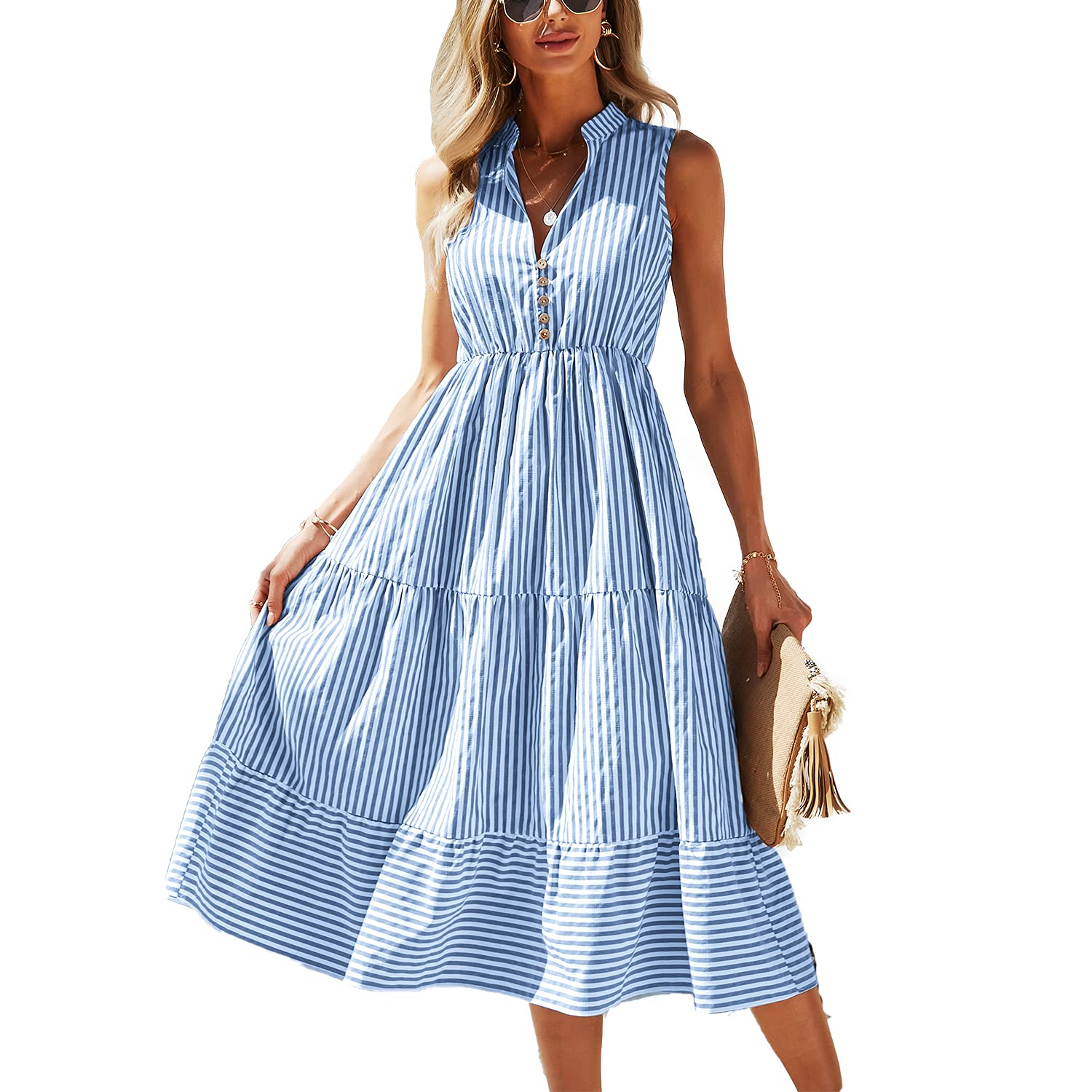 BROVAVE Women's 2025 Summer Sleeveless Striped V-Neck Collar Shirt Dress - Casual Midi Dress for Beach, Office & Everyday Wear